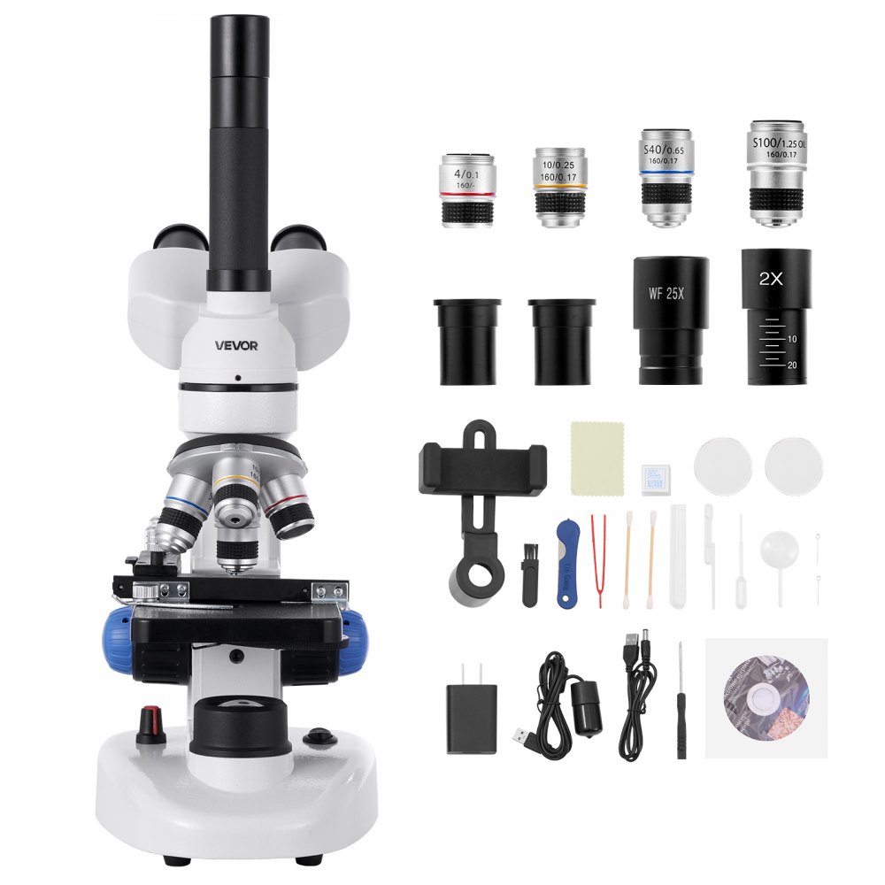 VEVOR Trinocular Microscope, 40-5000X Magnification, Professional Compound Microscope for Adult with Phone Adapter, LED Light, Aluminum Alloy Body, for Lab, School, Home, Education