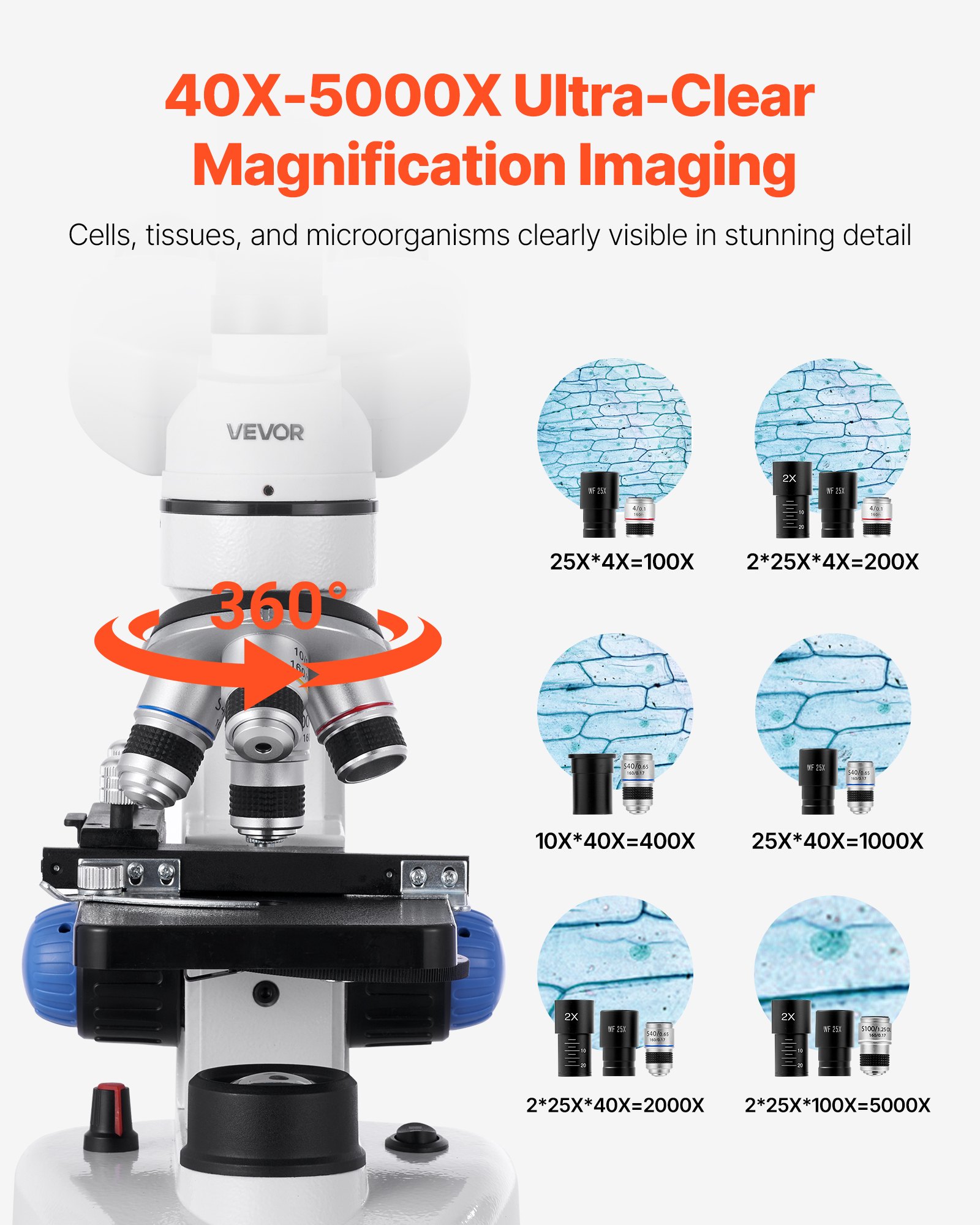 VEVOR Trinocular Microscope, 40-5000X Magnification, Professional Compound Microscope for Adult with Phone Adapter, LED Light, Aluminum Alloy Body, for Lab, School, Home, Education