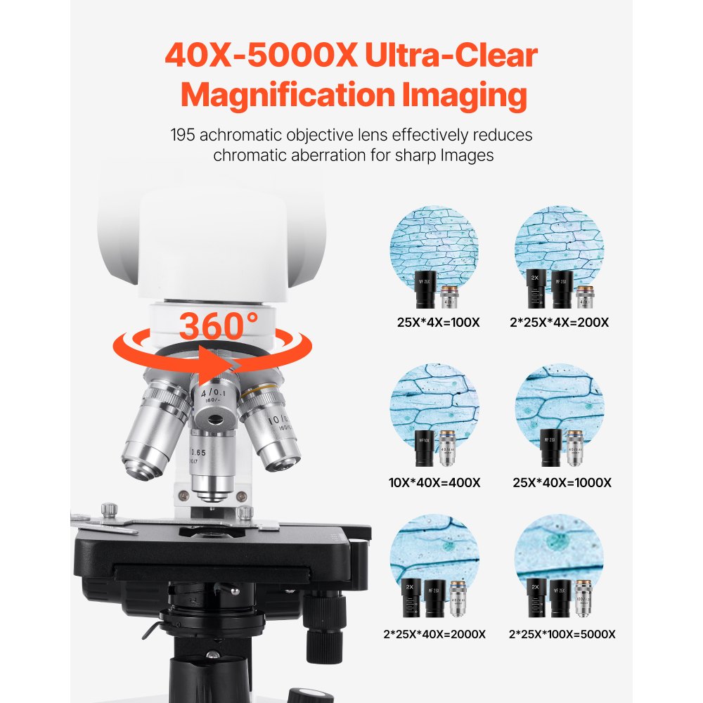 VEVOR Binocular Microscope for Adult, Professional Compound Microscope Kit with 40-5000X Magnification, Dual Stage and Two Sets of Eyepieces, Aluminum Alloy Body, Includes LED Light and Phone Holder