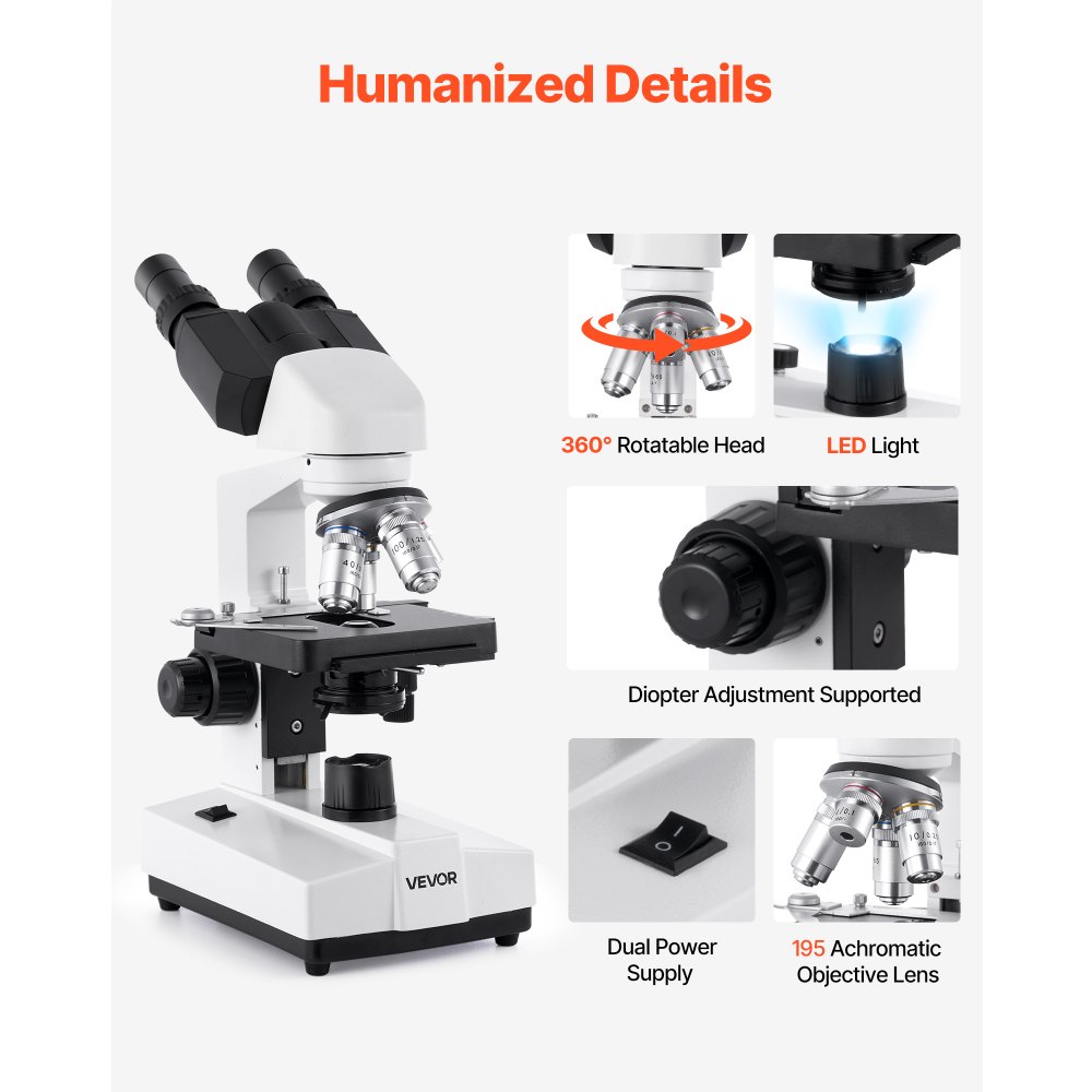 VEVOR Binocular Microscope for Adult, Professional Compound Microscope Kit with 40-5000X Magnification, Dual Stage and Two Sets of Eyepieces, Aluminum Alloy Body, Includes LED Light and Phone Holder