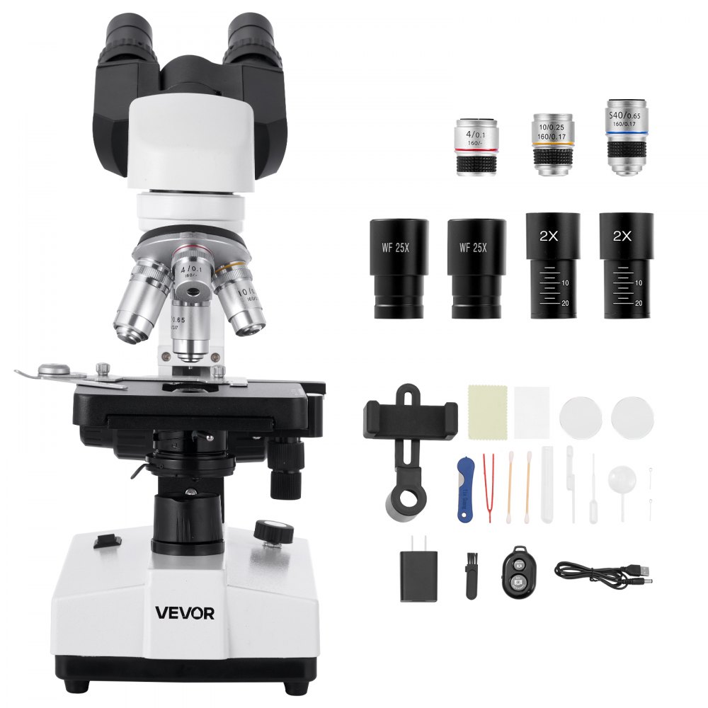 VEVOR Binocular Microscope for Adult, Professional Compound Microscope Kit with 40-5000X Magnification, Dual Stage and Two Sets of Eyepieces, Aluminum Alloy Body, Includes LED Light and Phone Holder