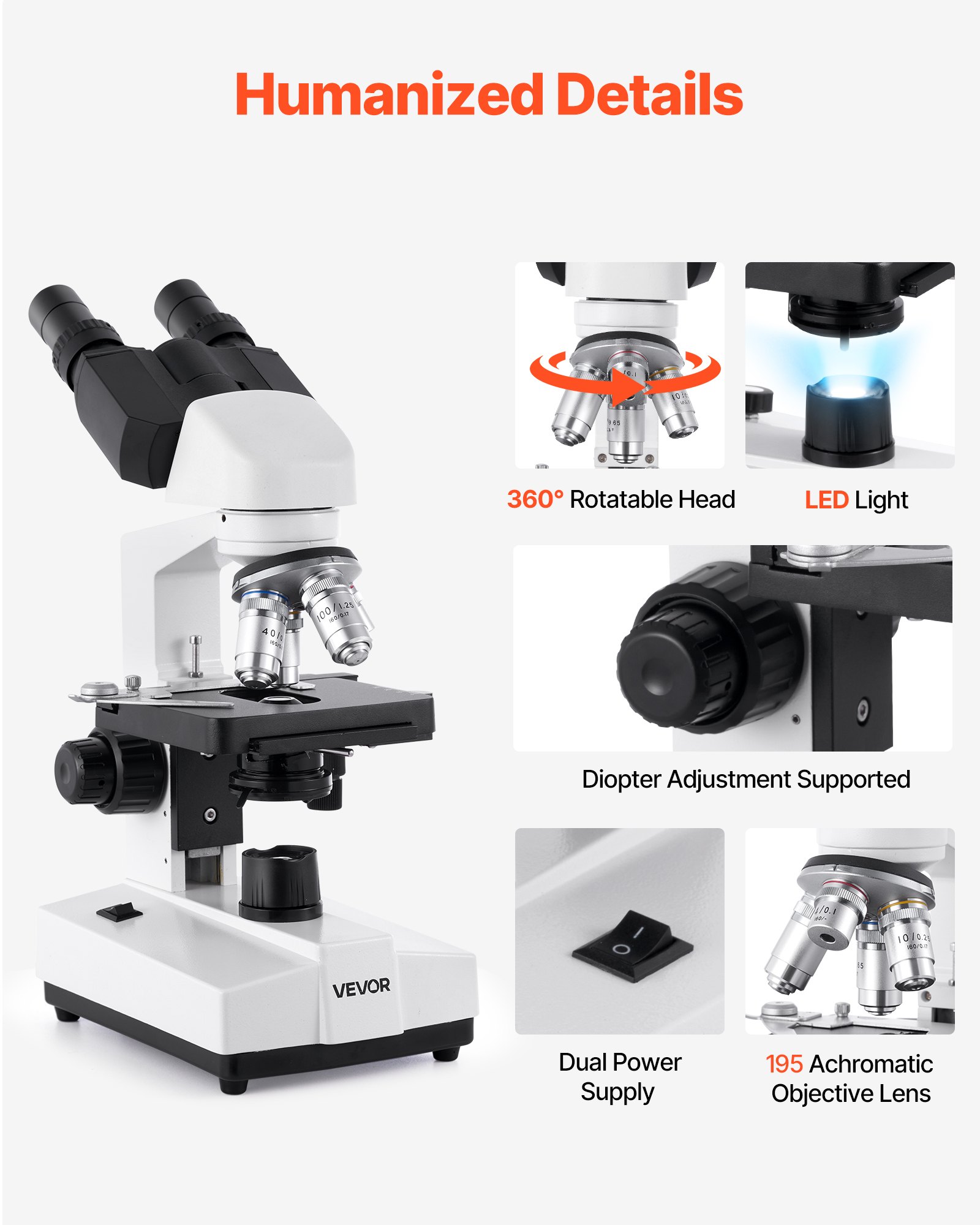 VEVOR Binocular Microscope for Adult, Professional Compound Microscope Kit with 40-5000X Magnification, Dual Stage and Two Sets of Eyepieces, Aluminum Alloy Body, Includes LED Light and Phone Holder