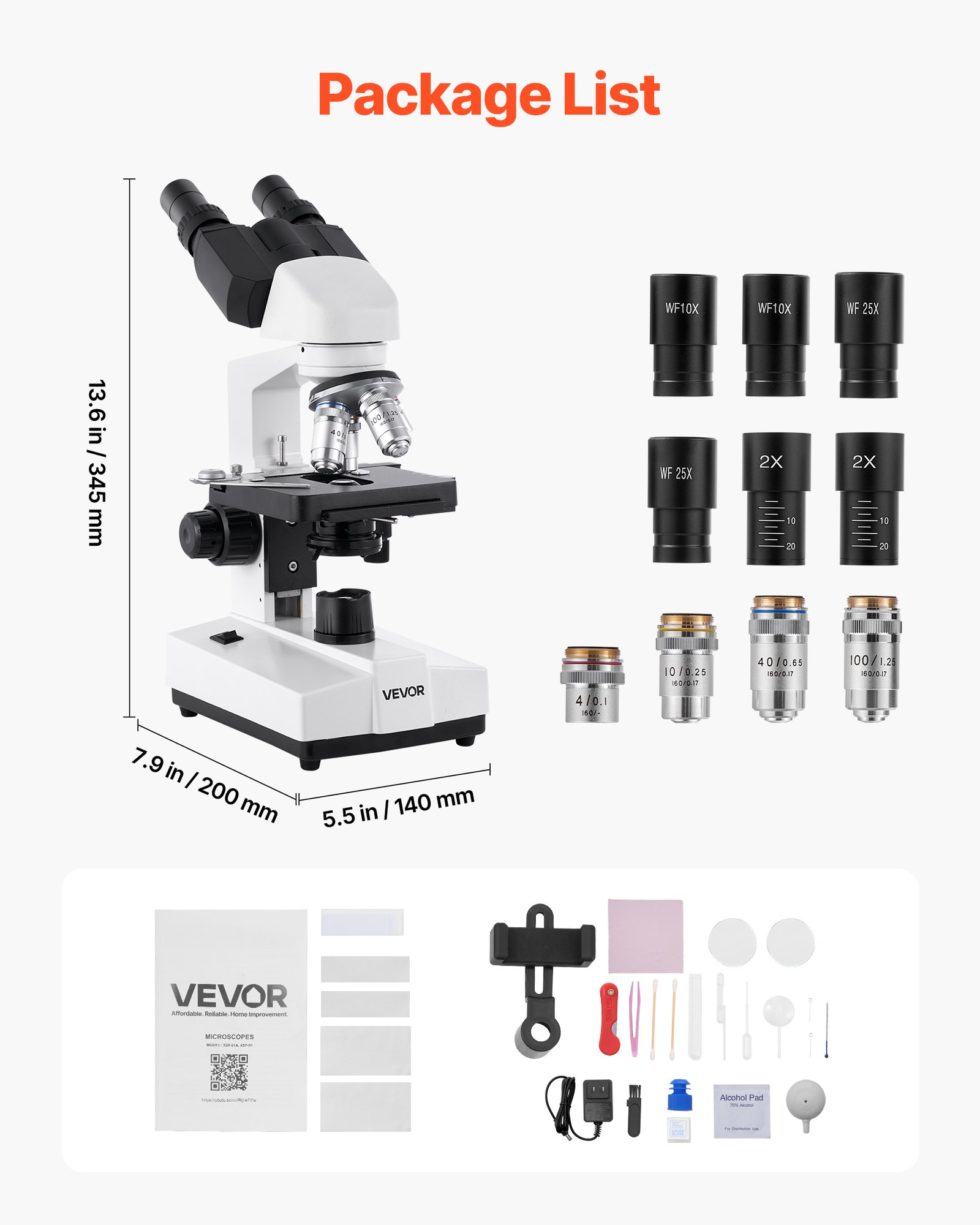 VEVOR Binocular Microscope for Adult, Professional Compound Microscope Kit with 40-5000X Magnification, Dual Stage and Two Sets of Eyepieces, Aluminum Alloy Body, Includes LED Light and Phone Holder