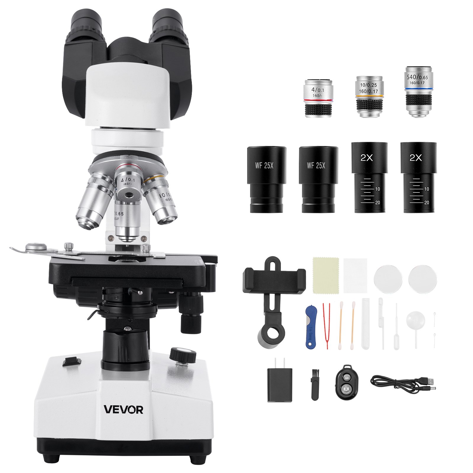 VEVOR Binocular Microscope for Adult, Professional Compound Microscope Kit with 40-5000X Magnification, Dual Stage and Two Sets of Eyepieces, Aluminum Alloy Body, Includes LED Light and Phone Holder