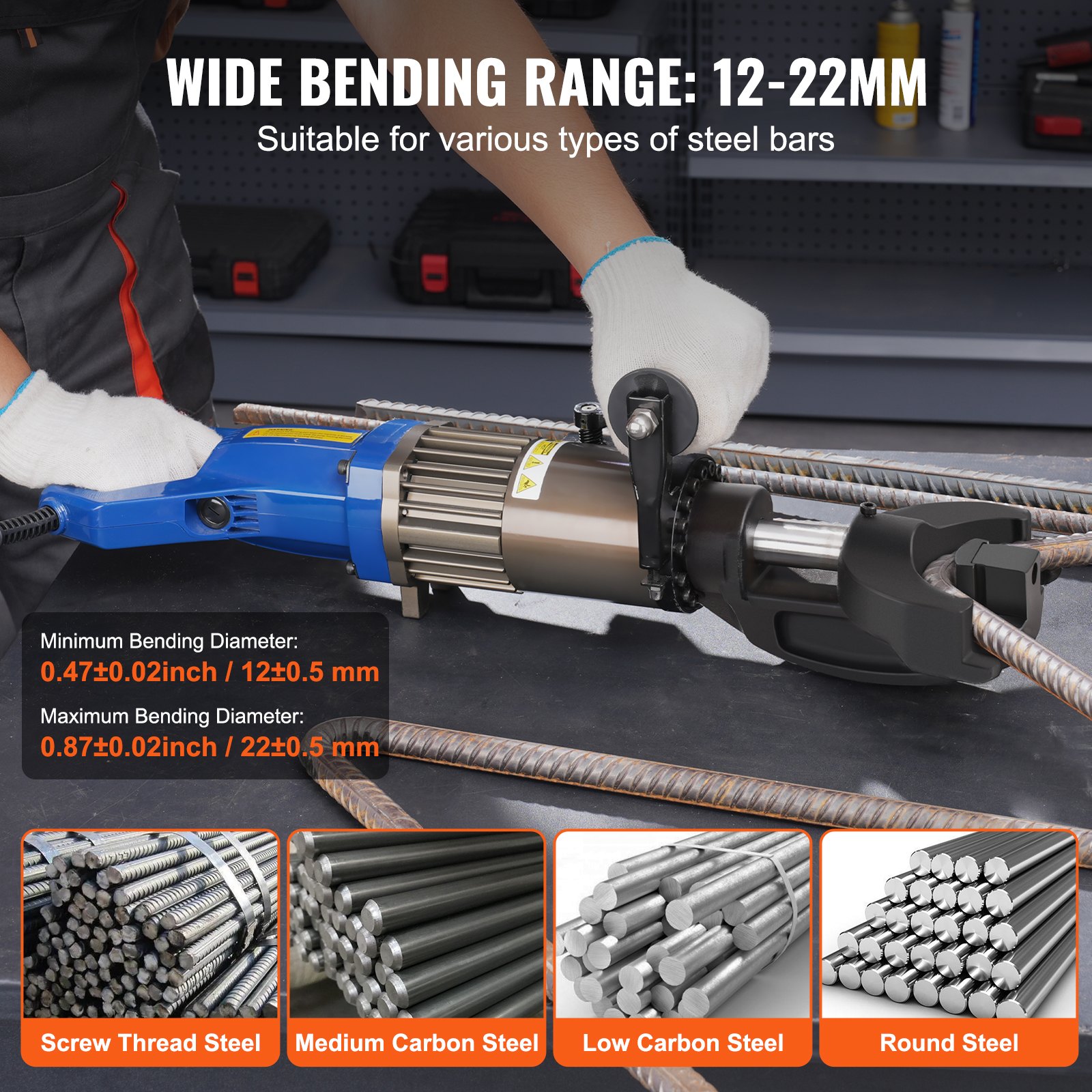 VEVOR Electric Hydraulic Rebar Bender, 1500W Portable Rebar Bending Machine, Bending up to 7/8 Inch #7 (12-22mm) Rebar within 4 Seconds, High Power Steel Rebar Bender w/ Tool Case Oil Can,Black Blue NRB-22