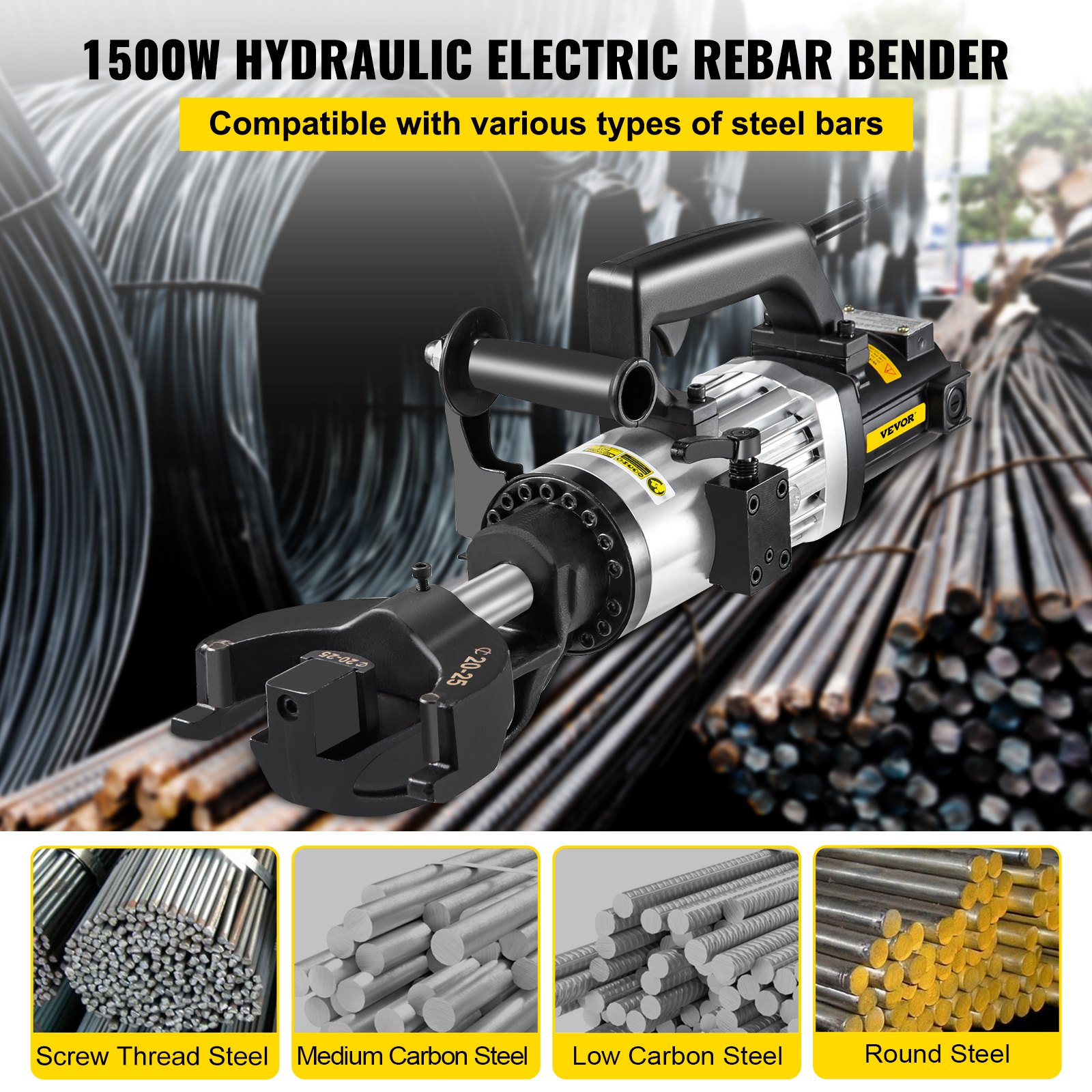 VEVOR 1.5 KW Electric Rebar Bender, 1\'\'(25 mm) Hydraulic Electric Hand Held Rebar Bender, within 5 s, 110 V