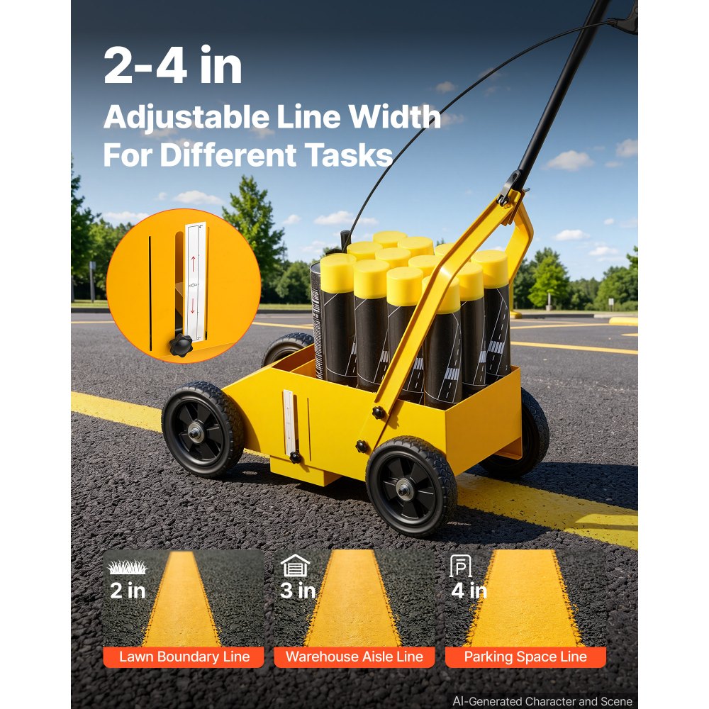 VEVOR Striping Line Marking Machine 12-Can Capacity Yellow with 4 Wheels, Parking Lot Striping Machine, 50-100 mm Adjustable Line Width, Heavy Duty, Fast and Accurate Marking, with Adapter Nozzle