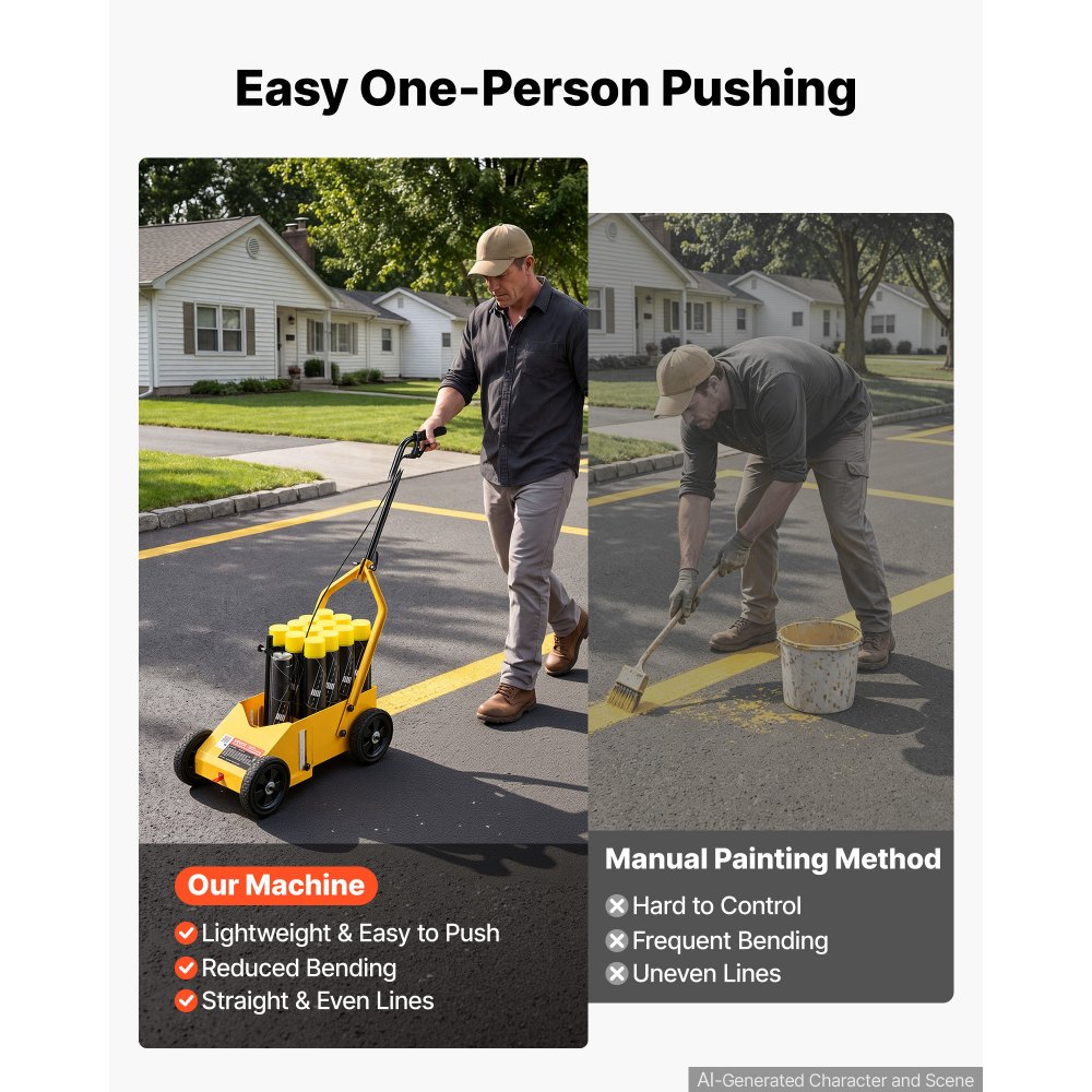 VEVOR Striping Line Marking Machine 12-Can Capacity Yellow with 4 Wheels, Parking Lot Striping Machine, 50-100 mm Adjustable Line Width, Heavy Duty, Fast and Accurate Marking, with Adapter Nozzle