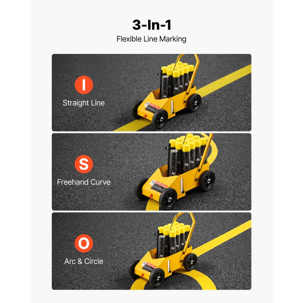 VEVOR Striping Line Marking Machine 12-Can Capacity Yellow with 4 Wheels, Parking Lot Striping Machine, 50-100 mm Adjustable Line Width, Heavy Duty, Fast and Accurate Marking, with Adapter Nozzle