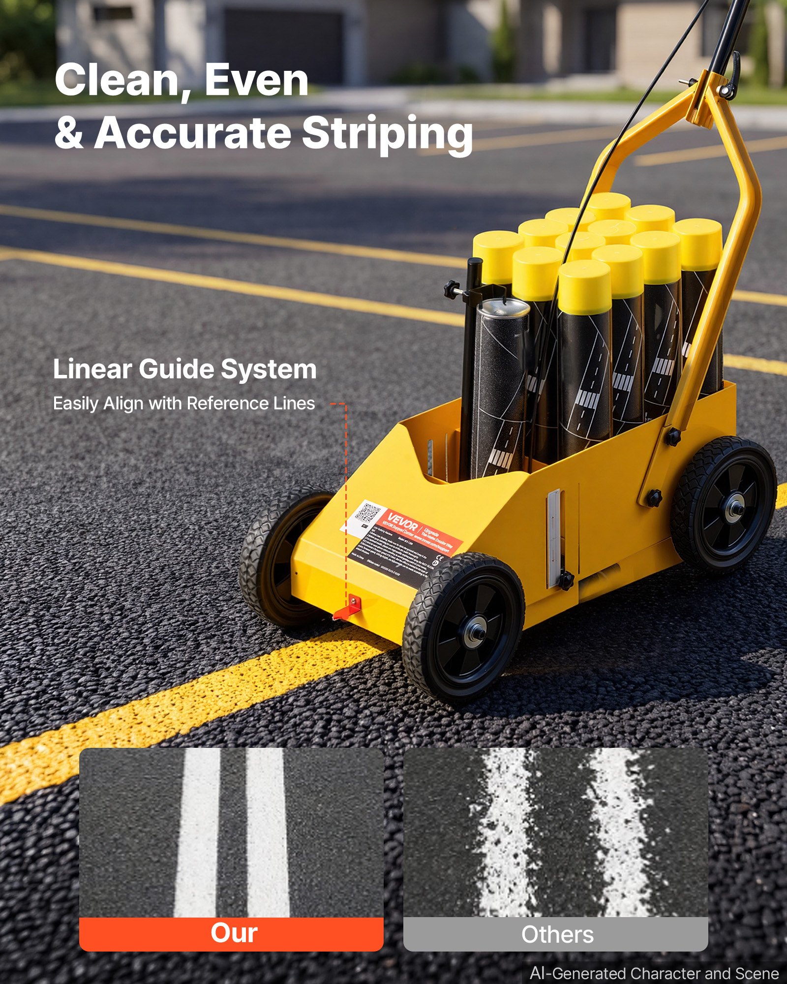 VEVOR Striping Line Marking Machine 12-Can Capacity Yellow with 4 Wheels, Parking Lot Striping Machine, 50-100 mm Adjustable Line Width, Heavy Duty, Fast and Accurate Marking, with Adapter Nozzle
