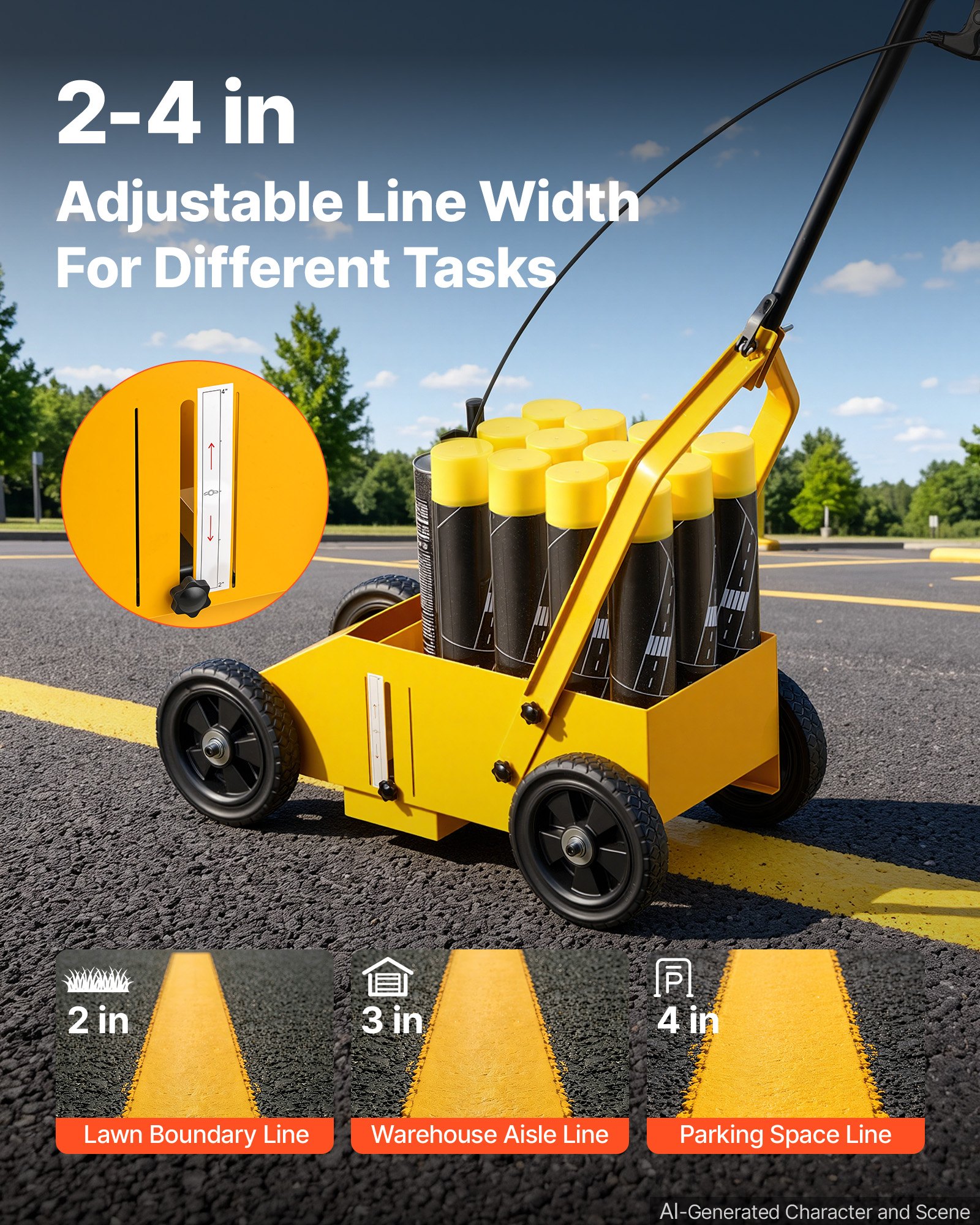 VEVOR Striping Line Marking Machine 12-Can Capacity Yellow with 4 Wheels, Parking Lot Striping Machine, 50-100 mm Adjustable Line Width, Heavy Duty, Fast and Accurate Marking, with Adapter Nozzle