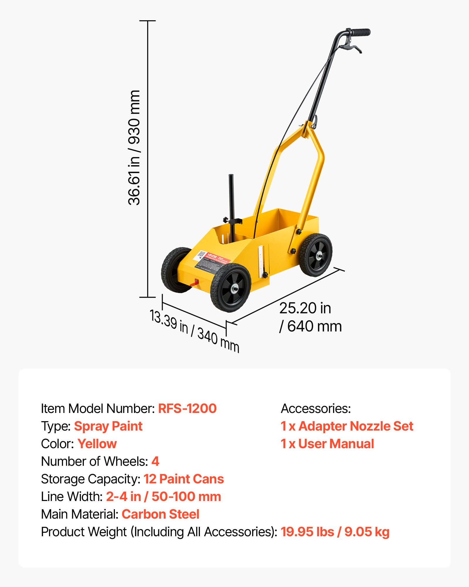 VEVOR Striping Line Marking Machine 12-Can Capacity Yellow with 4 Wheels, Parking Lot Striping Machine, 50-100 mm Adjustable Line Width, Heavy Duty, Fast and Accurate Marking, with Adapter Nozzle