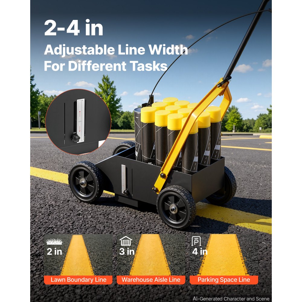 VEVOR Striping Line Marking Machine 12-Can Capacity Black with 4 Wheels, Parking Lot Striping Machine, 50-100 mm Adjustable Line Width, Heavy Duty, Fast and Accurate Marking, with Adapter Nozzle