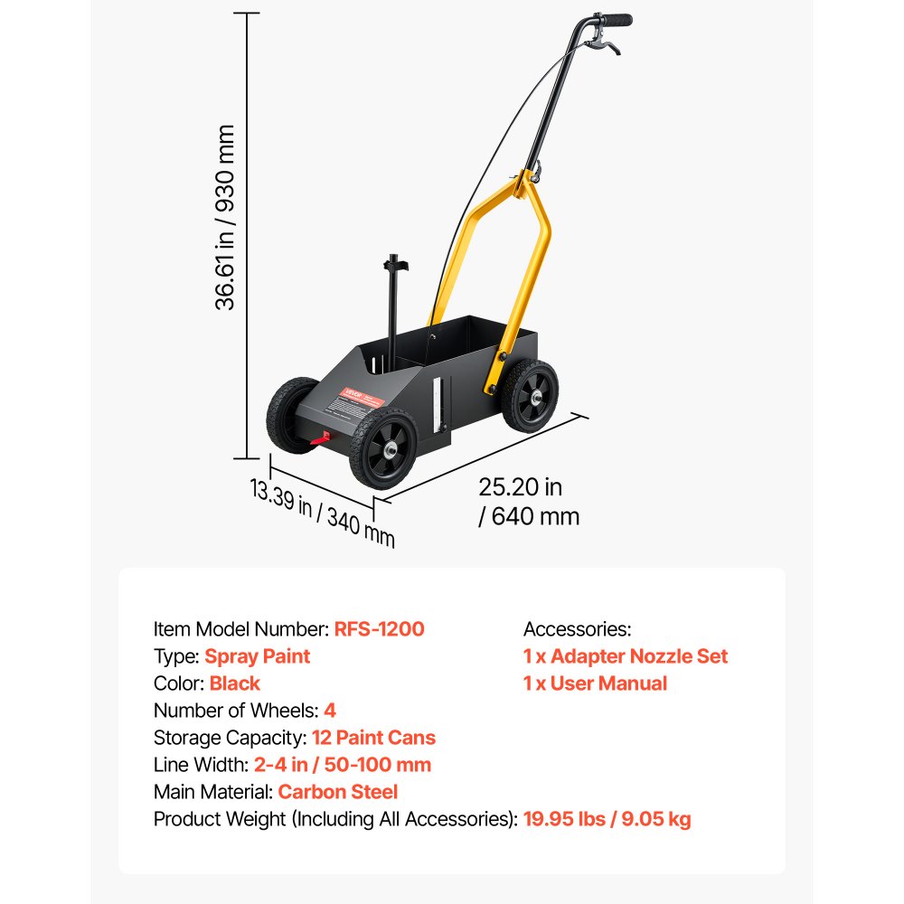 VEVOR Striping Line Marking Machine 12-Can Capacity Black with 4 Wheels, Parking Lot Striping Machine, 50-100 mm Adjustable Line Width, Heavy Duty, Fast and Accurate Marking, with Adapter Nozzle