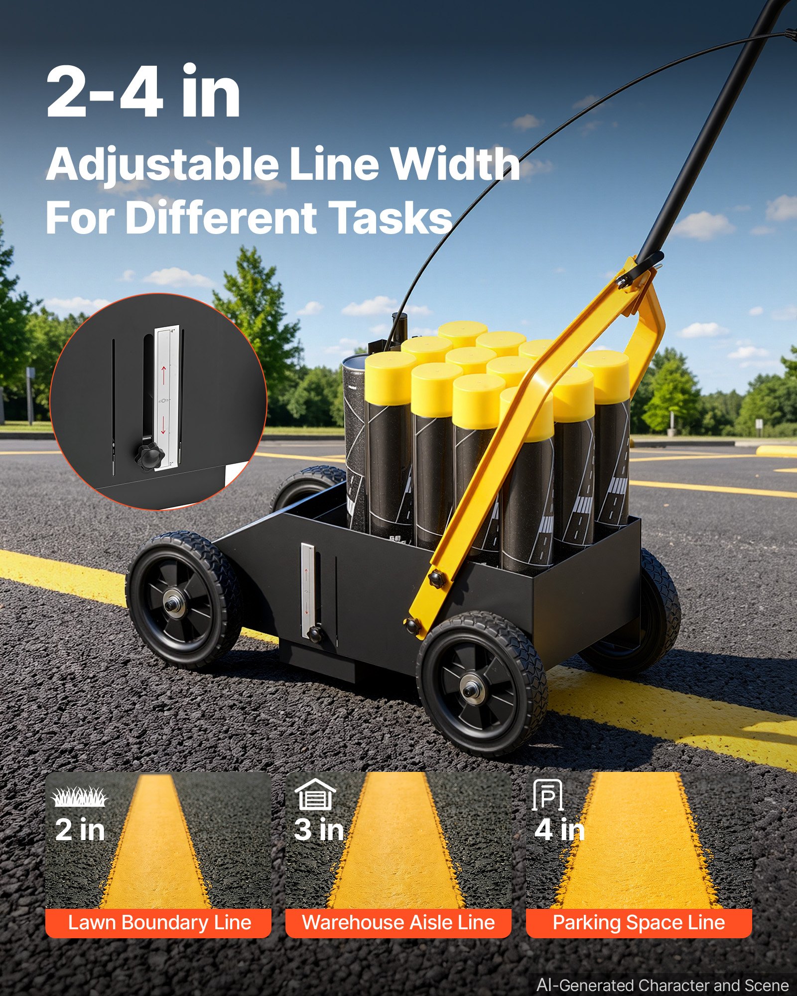 VEVOR Striping Line Marking Machine 12-Can Capacity Black with 4 Wheels, Parking Lot Striping Machine, 50-100 mm Adjustable Line Width, Heavy Duty, Fast and Accurate Marking, with Adapter Nozzle