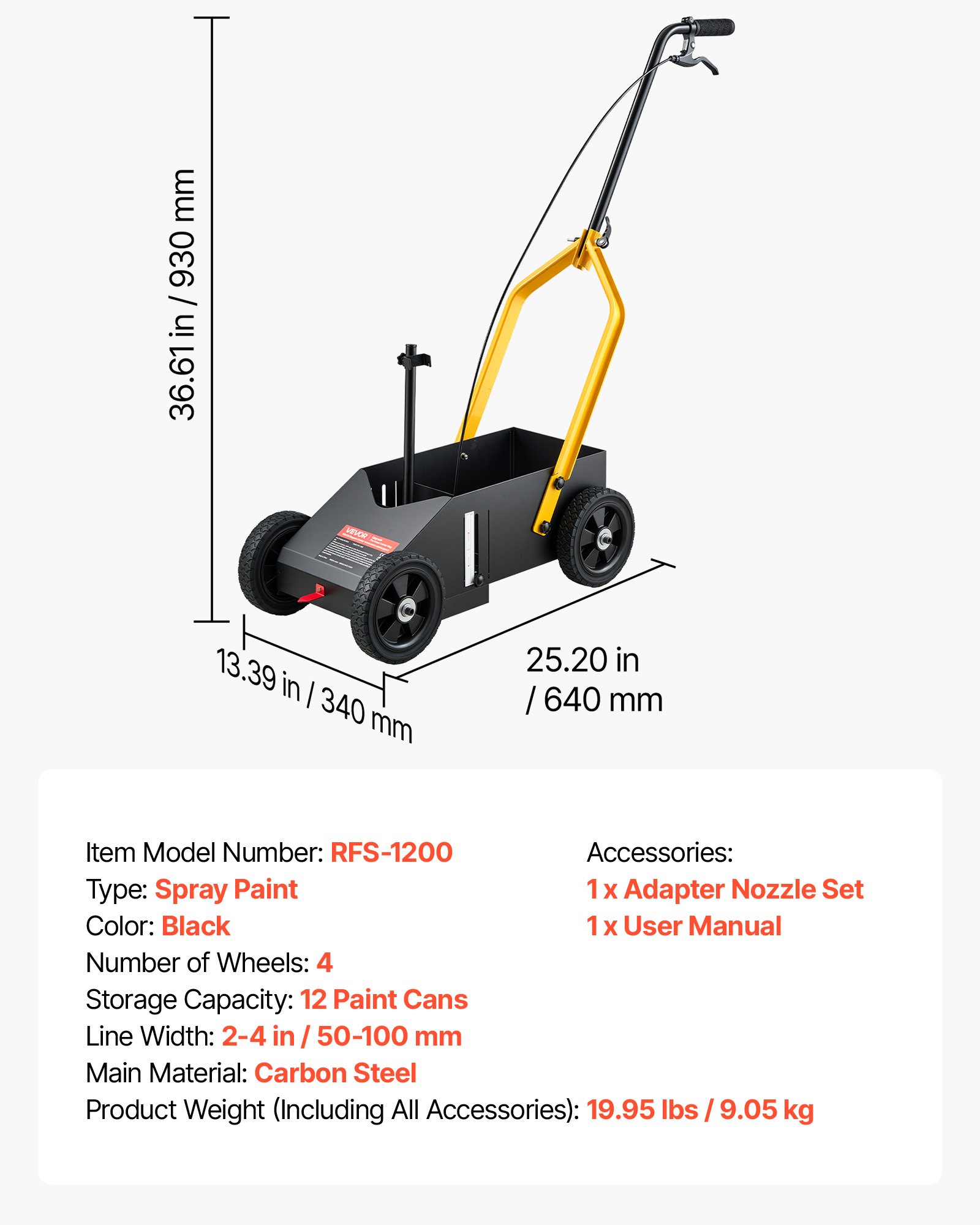 VEVOR Striping Line Marking Machine 12-Can Capacity Black with 4 Wheels, Parking Lot Striping Machine, 50-100 mm Adjustable Line Width, Heavy Duty, Fast and Accurate Marking, with Adapter Nozzle