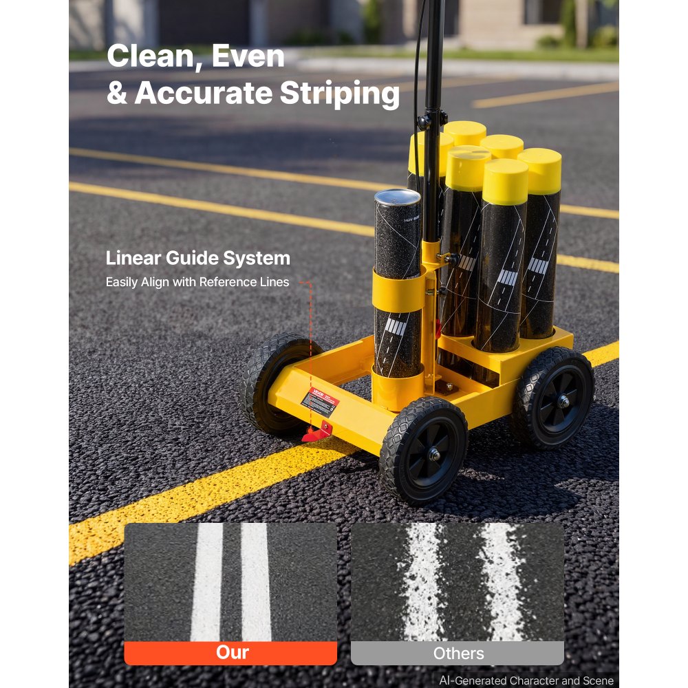 VEVOR Striping Line Marking Machine 6-Can Capacity Yellow with 4 Wheels, Parking Lot Striping Machine, 50-100 mm Adjustable Line Width, Heavy Duty, Fast and Accurate Marking, with Adapter Nozzle