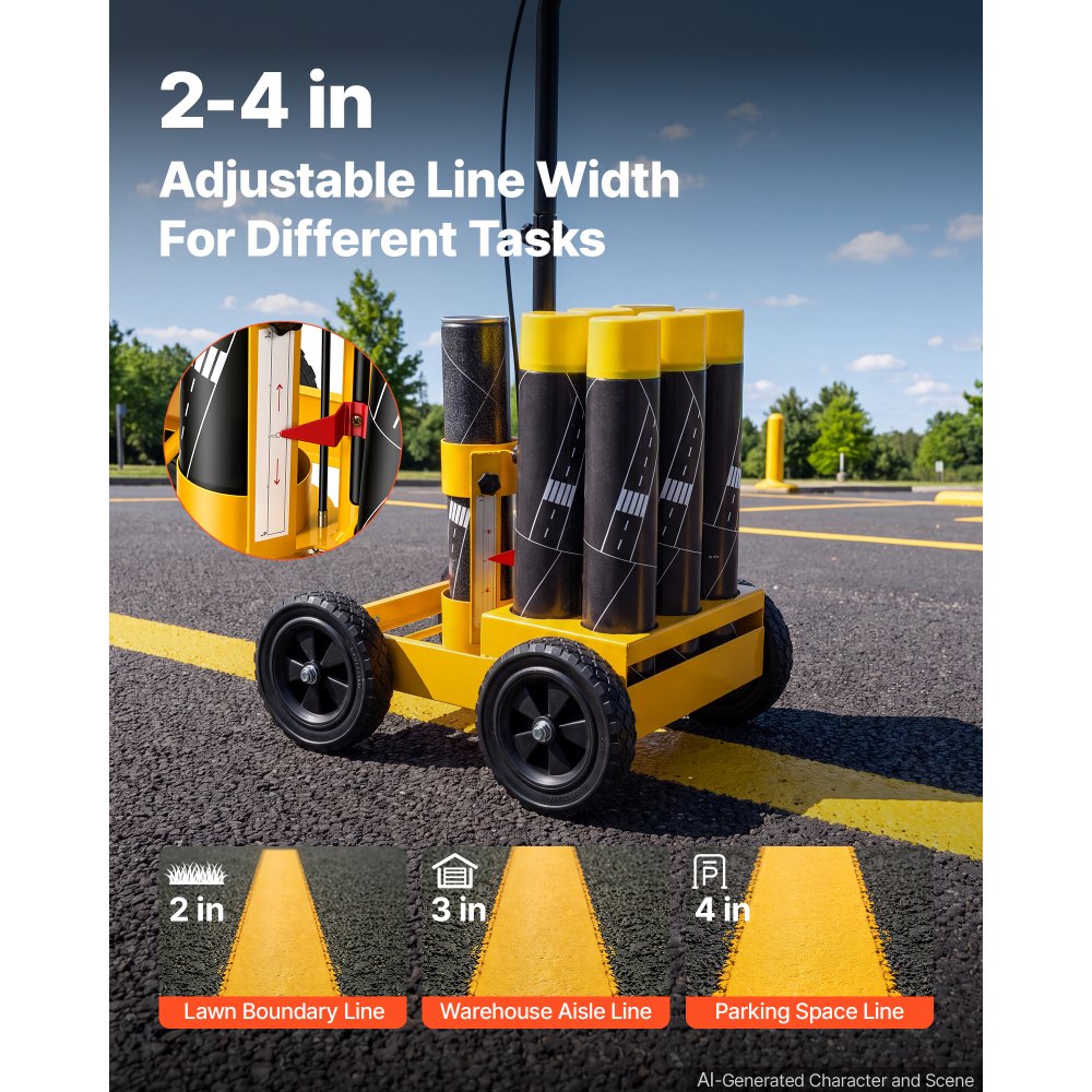 VEVOR Striping Line Marking Machine 6-Can Capacity Yellow with 4 Wheels, Parking Lot Striping Machine, 50-100 mm Adjustable Line Width, Heavy Duty, Fast and Accurate Marking, with Adapter Nozzle