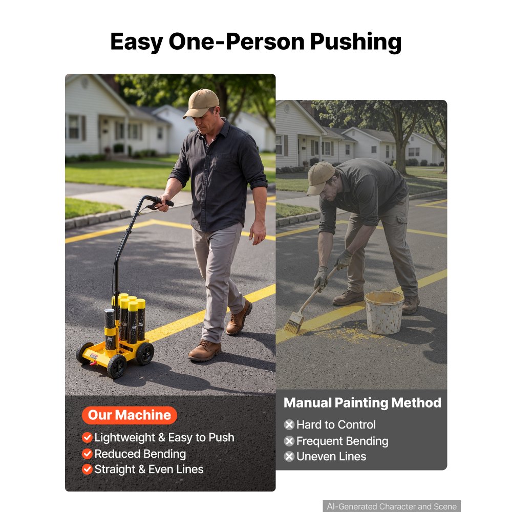 VEVOR Striping Line Marking Machine 6-Can Capacity Yellow with 4 Wheels, Parking Lot Striping Machine, 50-100 mm Adjustable Line Width, Heavy Duty, Fast and Accurate Marking, with Adapter Nozzle