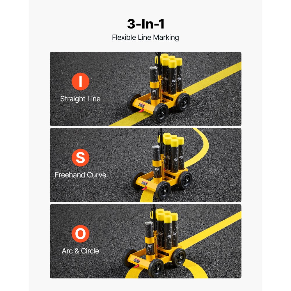 VEVOR Striping Line Marking Machine 6-Can Capacity Yellow with 4 Wheels, Parking Lot Striping Machine, 50-100 mm Adjustable Line Width, Heavy Duty, Fast and Accurate Marking, with Adapter Nozzle