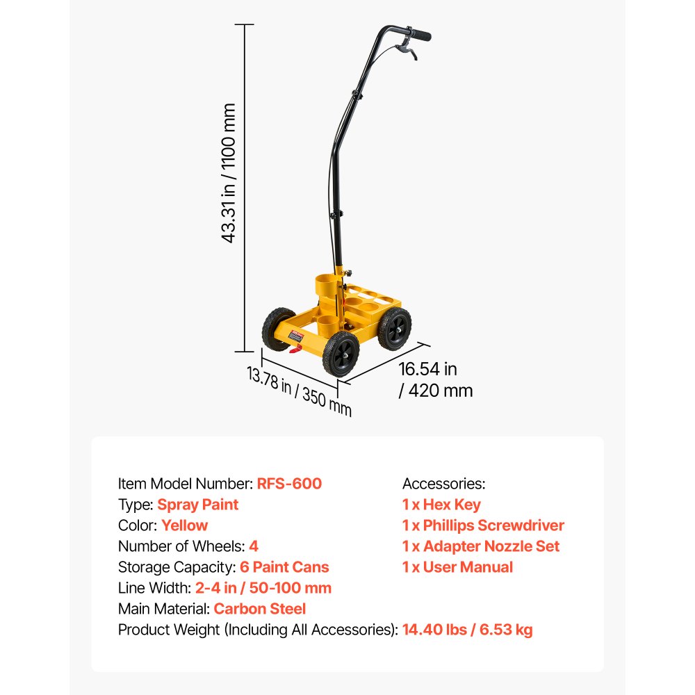 VEVOR Striping Line Marking Machine 6-Can Capacity Yellow with 4 Wheels, Parking Lot Striping Machine, 50-100 mm Adjustable Line Width, Heavy Duty, Fast and Accurate Marking, with Adapter Nozzle