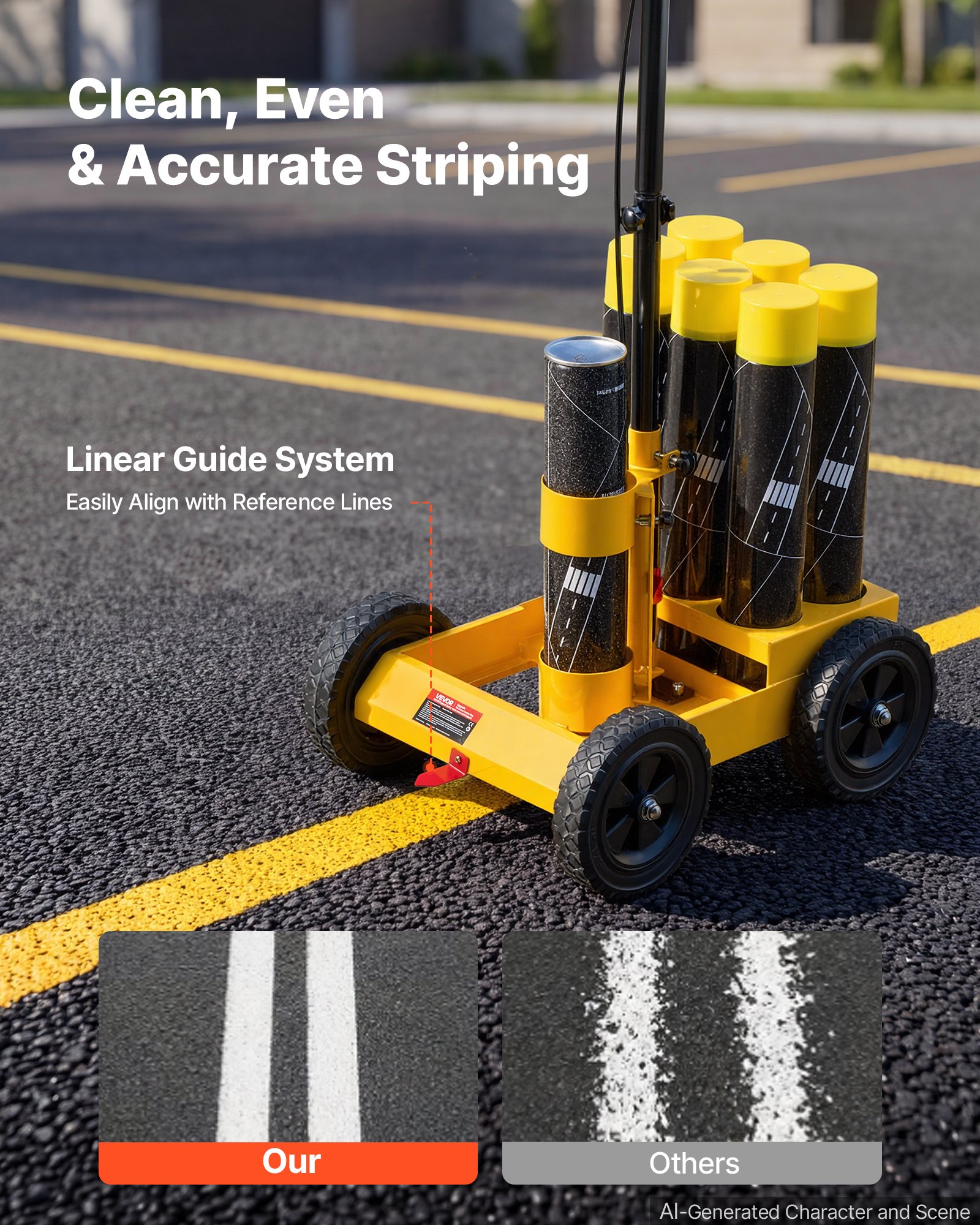 VEVOR Striping Line Marking Machine 6-Can Capacity Yellow with 4 Wheels, Parking Lot Striping Machine, 50-100 mm Adjustable Line Width, Heavy Duty, Fast and Accurate Marking, with Adapter Nozzle
