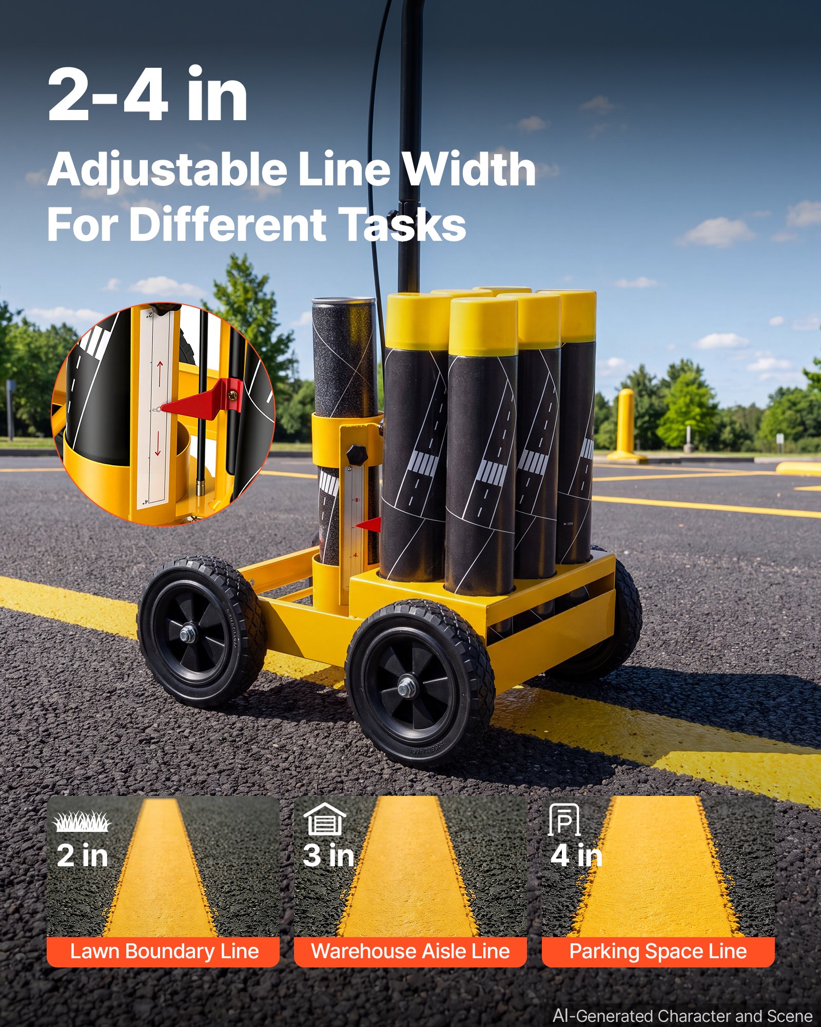 VEVOR Striping Line Marking Machine 6-Can Capacity Yellow with 4 Wheels, Parking Lot Striping Machine, 50-100 mm Adjustable Line Width, Heavy Duty, Fast and Accurate Marking, with Adapter Nozzle