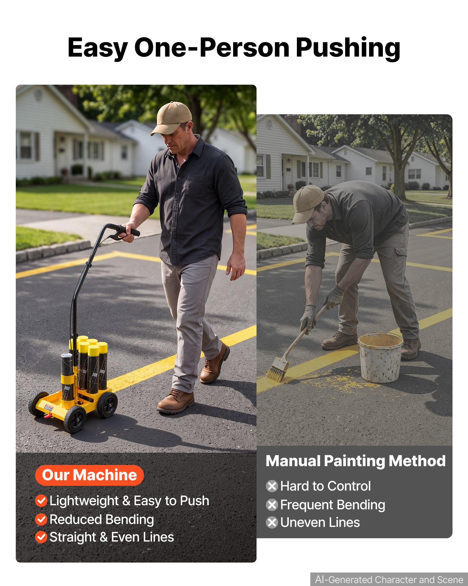 VEVOR Striping Line Marking Machine 6-Can Capacity Yellow with 4 Wheels, Parking Lot Striping Machine, 50-100 mm Adjustable Line Width, Heavy Duty, Fast and Accurate Marking, with Adapter Nozzle