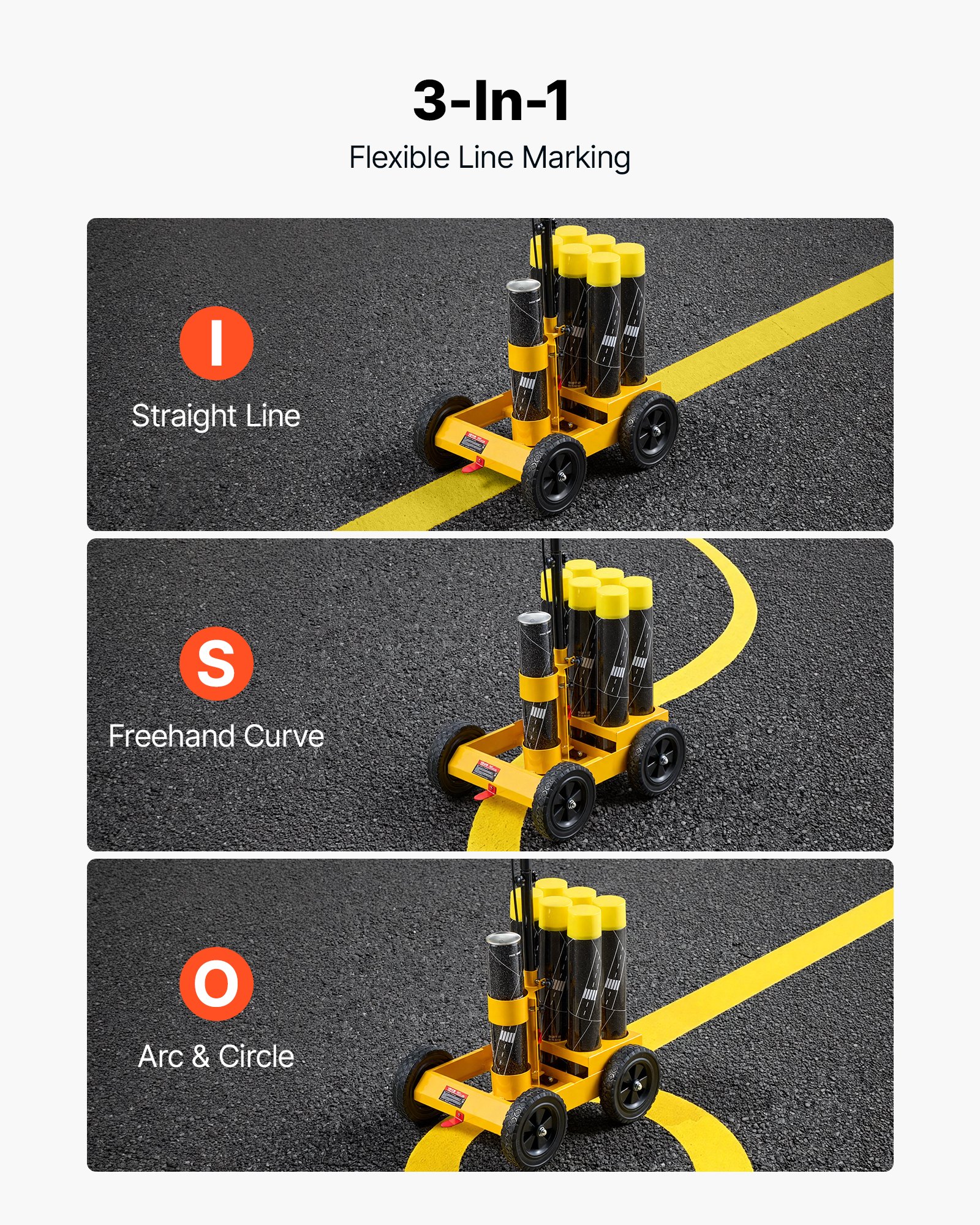 VEVOR Striping Line Marking Machine 6-Can Capacity Yellow with 4 Wheels, Parking Lot Striping Machine, 50-100 mm Adjustable Line Width, Heavy Duty, Fast and Accurate Marking, with Adapter Nozzle