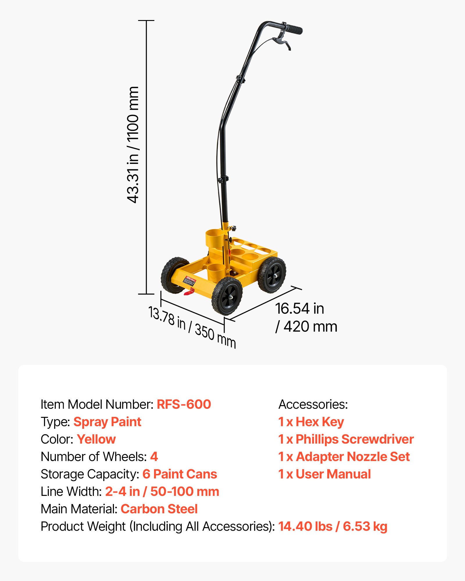 VEVOR Striping Line Marking Machine 6-Can Capacity Yellow with 4 Wheels, Parking Lot Striping Machine, 50-100 mm Adjustable Line Width, Heavy Duty, Fast and Accurate Marking, with Adapter Nozzle