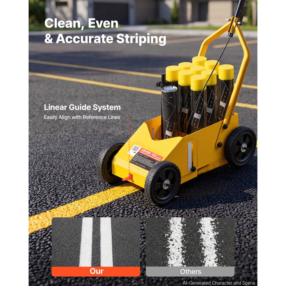 VEVOR Striping Line Marking Machine 9-Can Capacity Yellow with 4 Wheels, Parking Lot Striping Machine, 50-100 mm Adjustable Line Width, Heavy Duty, Fast and Accurate Marking, with Adapter Nozzle
