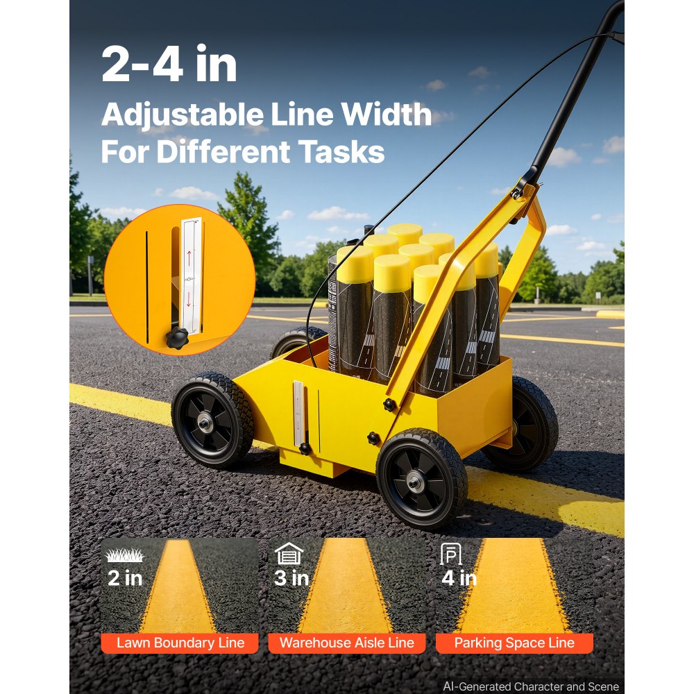 VEVOR Striping Line Marking Machine 9-Can Capacity Yellow with 4 Wheels, Parking Lot Striping Machine, 50-100 mm Adjustable Line Width, Heavy Duty, Fast and Accurate Marking, with Adapter Nozzle