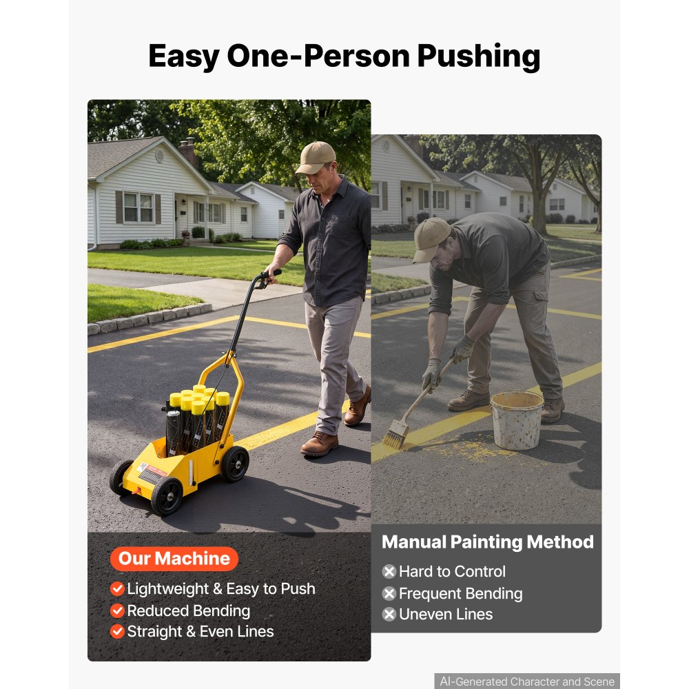 VEVOR Striping Line Marking Machine 9-Can Capacity Yellow with 4 Wheels, Parking Lot Striping Machine, 50-100 mm Adjustable Line Width, Heavy Duty, Fast and Accurate Marking, with Adapter Nozzle