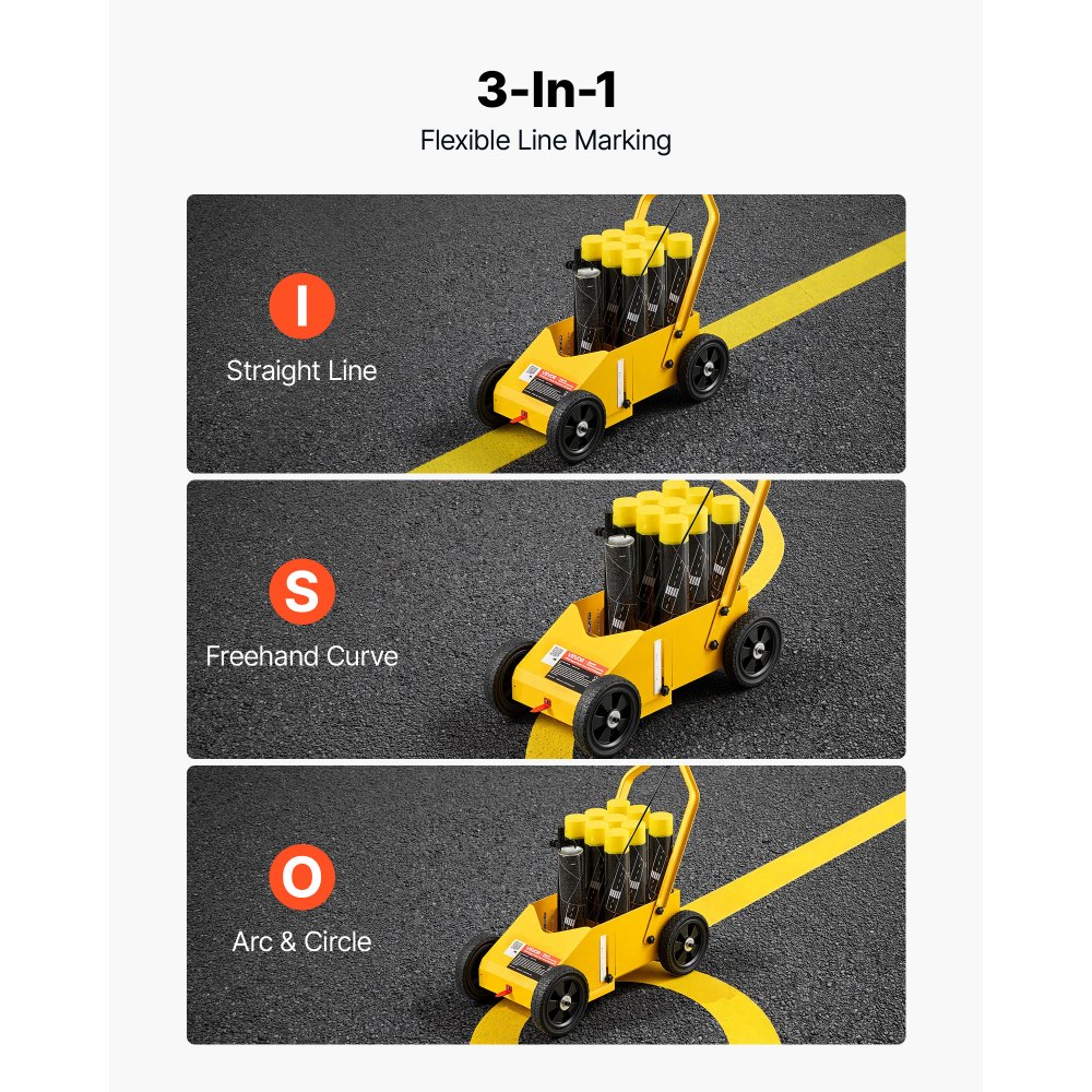 VEVOR Striping Line Marking Machine 9-Can Capacity Yellow with 4 Wheels, Parking Lot Striping Machine, 50-100 mm Adjustable Line Width, Heavy Duty, Fast and Accurate Marking, with Adapter Nozzle