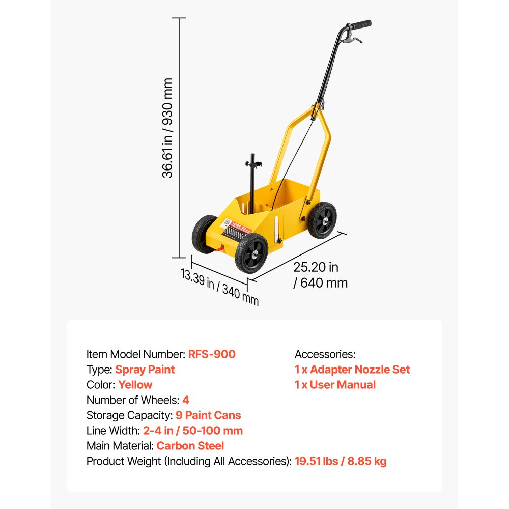 VEVOR Striping Line Marking Machine 9-Can Capacity Yellow with 4 Wheels, Parking Lot Striping Machine, 50-100 mm Adjustable Line Width, Heavy Duty, Fast and Accurate Marking, with Adapter Nozzle