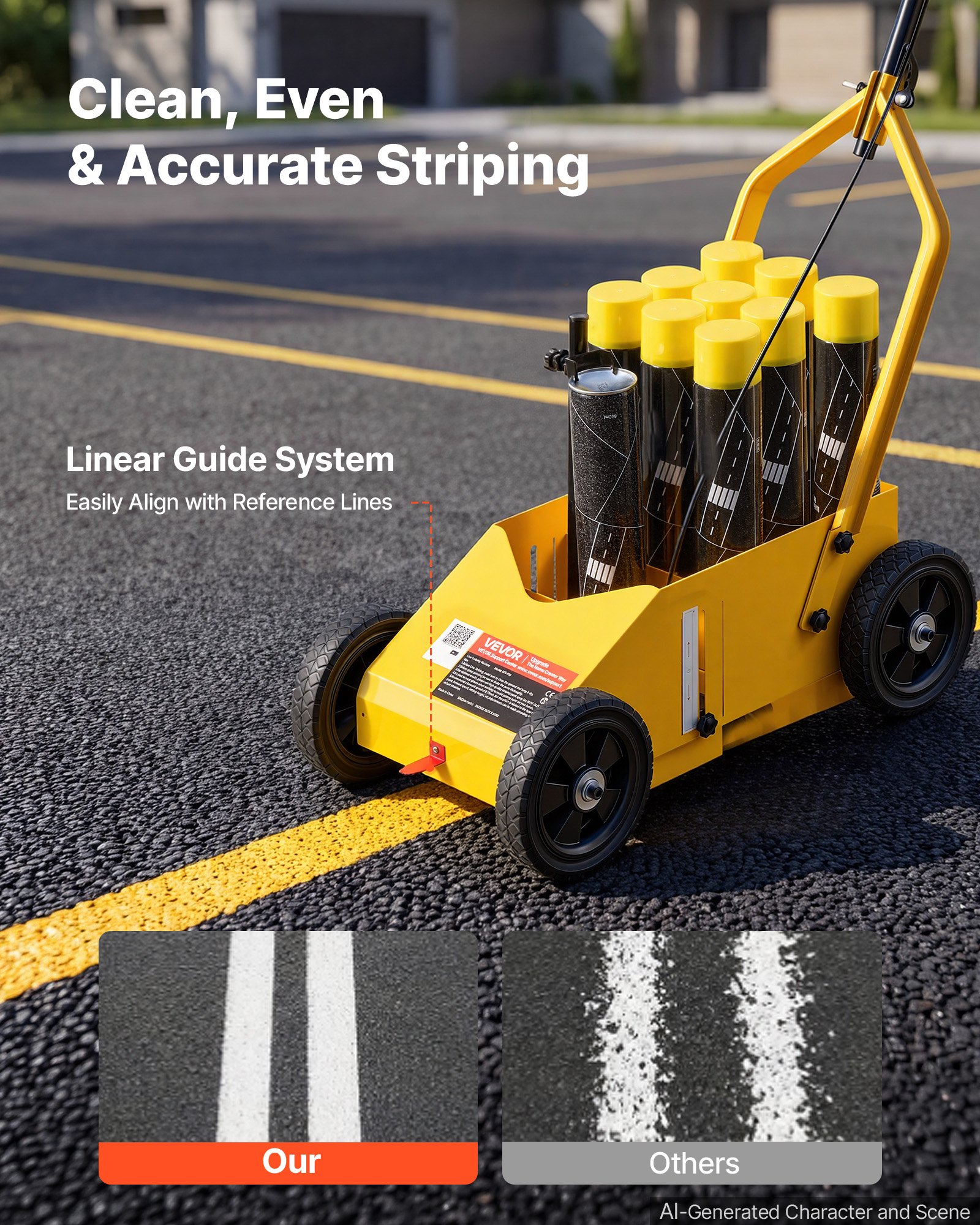 VEVOR Striping Line Marking Machine 9-Can Capacity Yellow with 4 Wheels, Parking Lot Striping Machine, 50-100 mm Adjustable Line Width, Heavy Duty, Fast and Accurate Marking, with Adapter Nozzle
