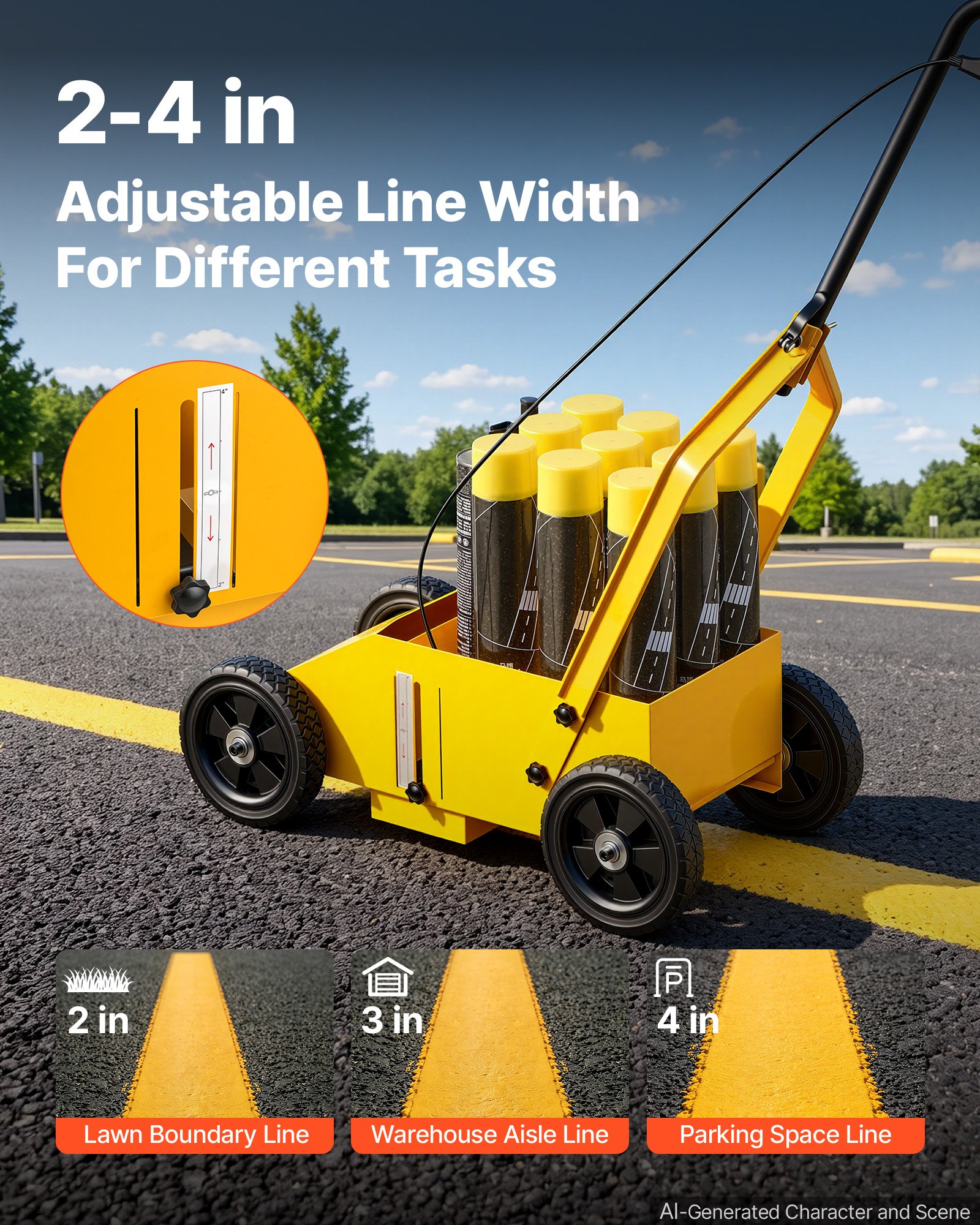 VEVOR Striping Line Marking Machine 9-Can Capacity Yellow with 4 Wheels, Parking Lot Striping Machine, 50-100 mm Adjustable Line Width, Heavy Duty, Fast and Accurate Marking, with Adapter Nozzle