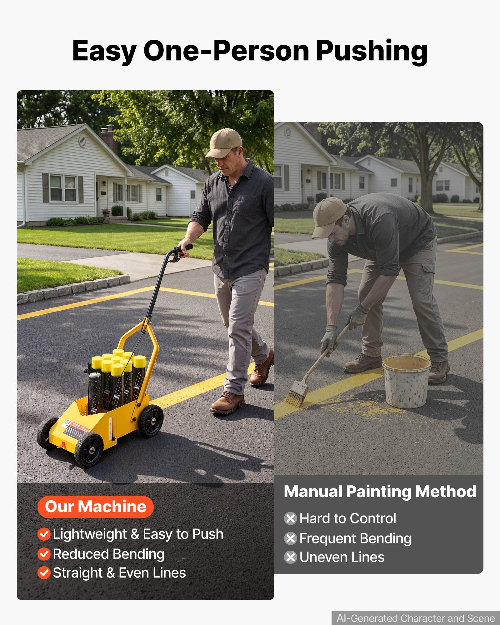 VEVOR Striping Line Marking Machine 9-Can Capacity Yellow with 4 Wheels, Parking Lot Striping Machine, 50-100 mm Adjustable Line Width, Heavy Duty, Fast and Accurate Marking, with Adapter Nozzle