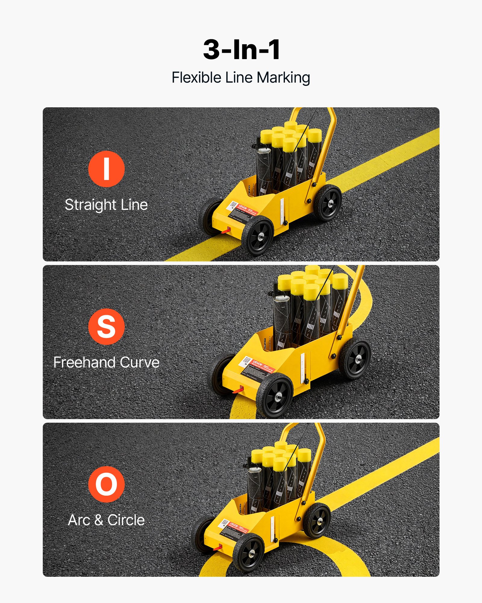 VEVOR Striping Line Marking Machine 9-Can Capacity Yellow with 4 Wheels, Parking Lot Striping Machine, 50-100 mm Adjustable Line Width, Heavy Duty, Fast and Accurate Marking, with Adapter Nozzle