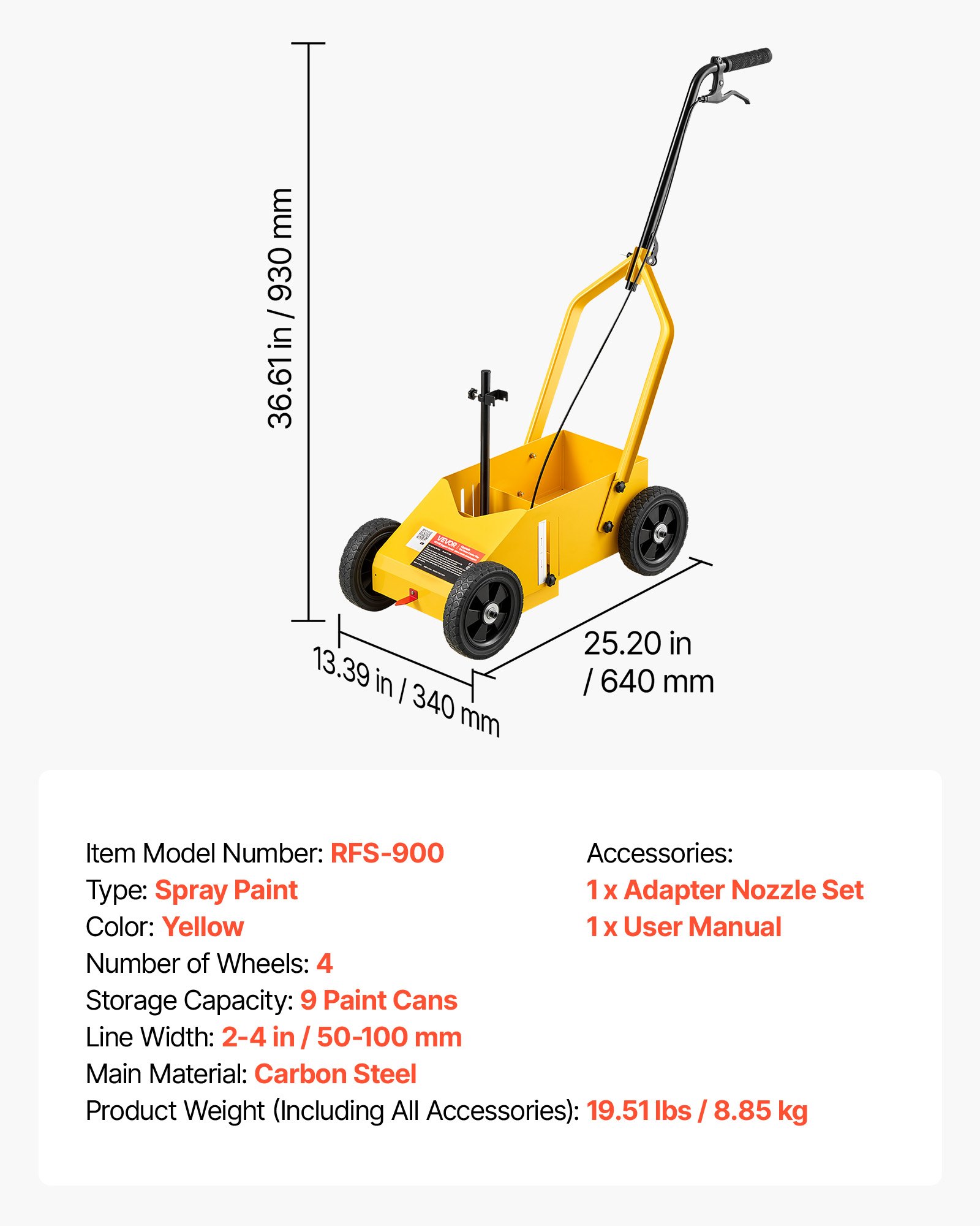 VEVOR Striping Line Marking Machine 9-Can Capacity Yellow with 4 Wheels, Parking Lot Striping Machine, 50-100 mm Adjustable Line Width, Heavy Duty, Fast and Accurate Marking, with Adapter Nozzle