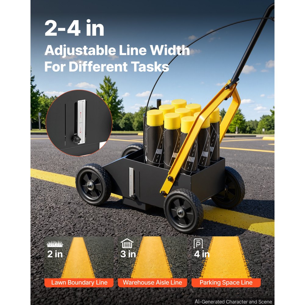 VEVOR Striping Line Marking Machine 9-Can Capacity Black with 4 Wheels, Parking Lot Striping Machine, 50-100 mm Adjustable Line Width, Heavy Duty, Fast and Accurate Marking, with Adapter Nozzle