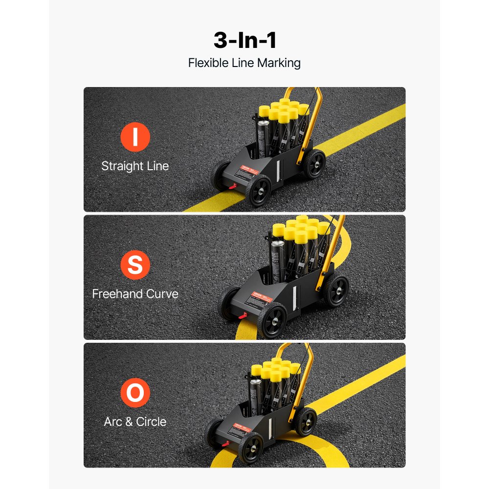 VEVOR Striping Line Marking Machine 9-Can Capacity Black with 4 Wheels, Parking Lot Striping Machine, 50-100 mm Adjustable Line Width, Heavy Duty, Fast and Accurate Marking, with Adapter Nozzle