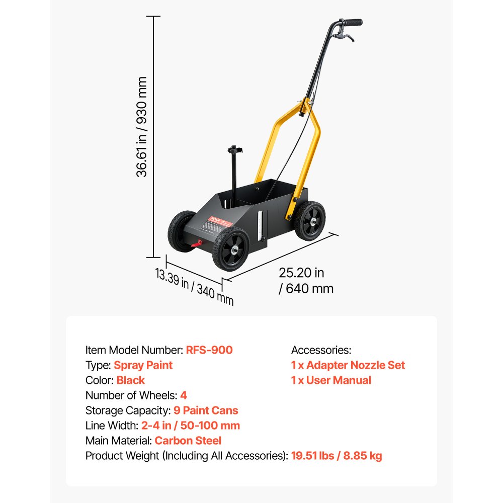 VEVOR Striping Line Marking Machine 9-Can Capacity Black with 4 Wheels, Parking Lot Striping Machine, 50-100 mm Adjustable Line Width, Heavy Duty, Fast and Accurate Marking, with Adapter Nozzle