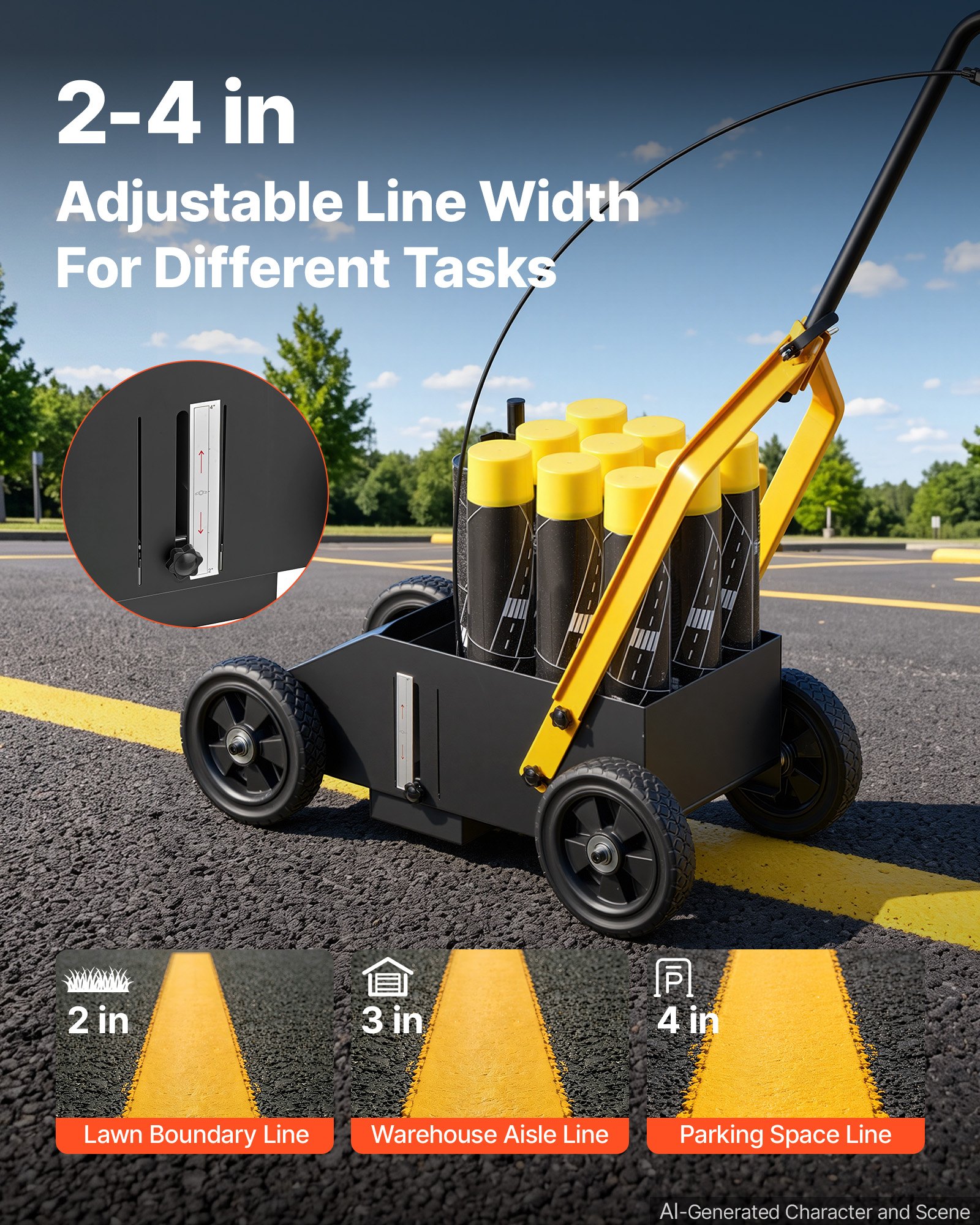 VEVOR Striping Line Marking Machine 9-Can Capacity Black with 4 Wheels, Parking Lot Striping Machine, 50-100 mm Adjustable Line Width, Heavy Duty, Fast and Accurate Marking, with Adapter Nozzle