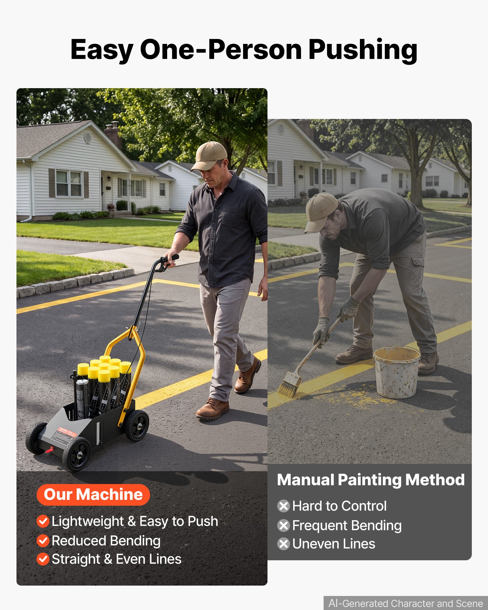 VEVOR Striping Line Marking Machine 9-Can Capacity Black with 4 Wheels, Parking Lot Striping Machine, 50-100 mm Adjustable Line Width, Heavy Duty, Fast and Accurate Marking, with Adapter Nozzle