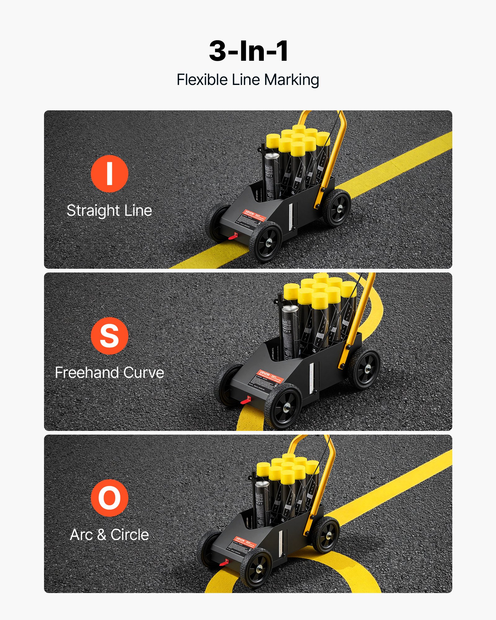 VEVOR Striping Line Marking Machine 9-Can Capacity Black with 4 Wheels, Parking Lot Striping Machine, 50-100 mm Adjustable Line Width, Heavy Duty, Fast and Accurate Marking, with Adapter Nozzle