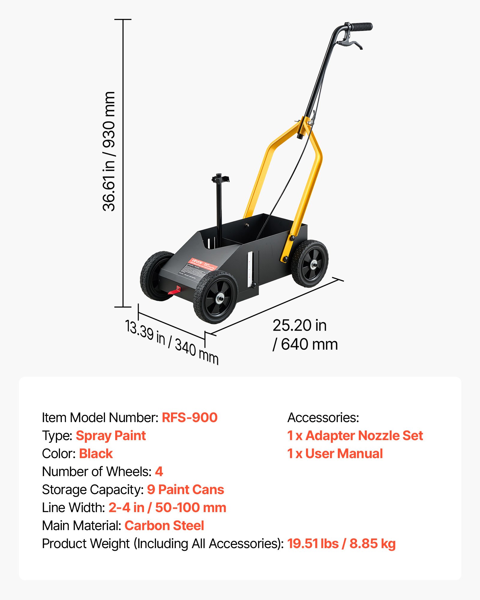 VEVOR Striping Line Marking Machine 9-Can Capacity Black with 4 Wheels, Parking Lot Striping Machine, 50-100 mm Adjustable Line Width, Heavy Duty, Fast and Accurate Marking, with Adapter Nozzle