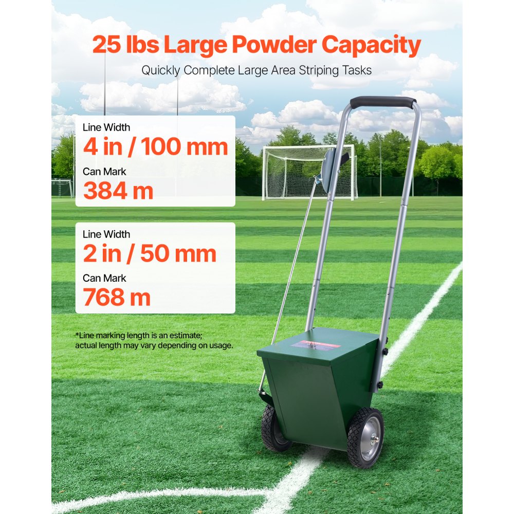VEVOR Dry Line Marker, 2-Wheel, 50 or 100 mm Lines, Field Dry Line Chalker, Adjustable Line Marker with Rubber Adjustment Handle, 11.3kg Large Powder Capacity, for Baseball and Softball Infield, Green