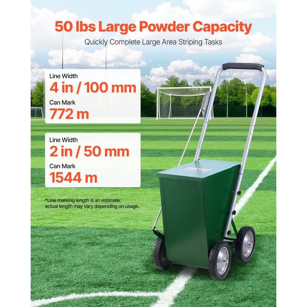 VEVOR Dry Line Marker, 4-Wheel, 50 or 100 mm Lines, Field Dry Line Chalker, Adjustable Line Marker with Rubber Adjustment Handle, 22.7kg Large Powder Capacity, for Baseball and Softball Infield, Green