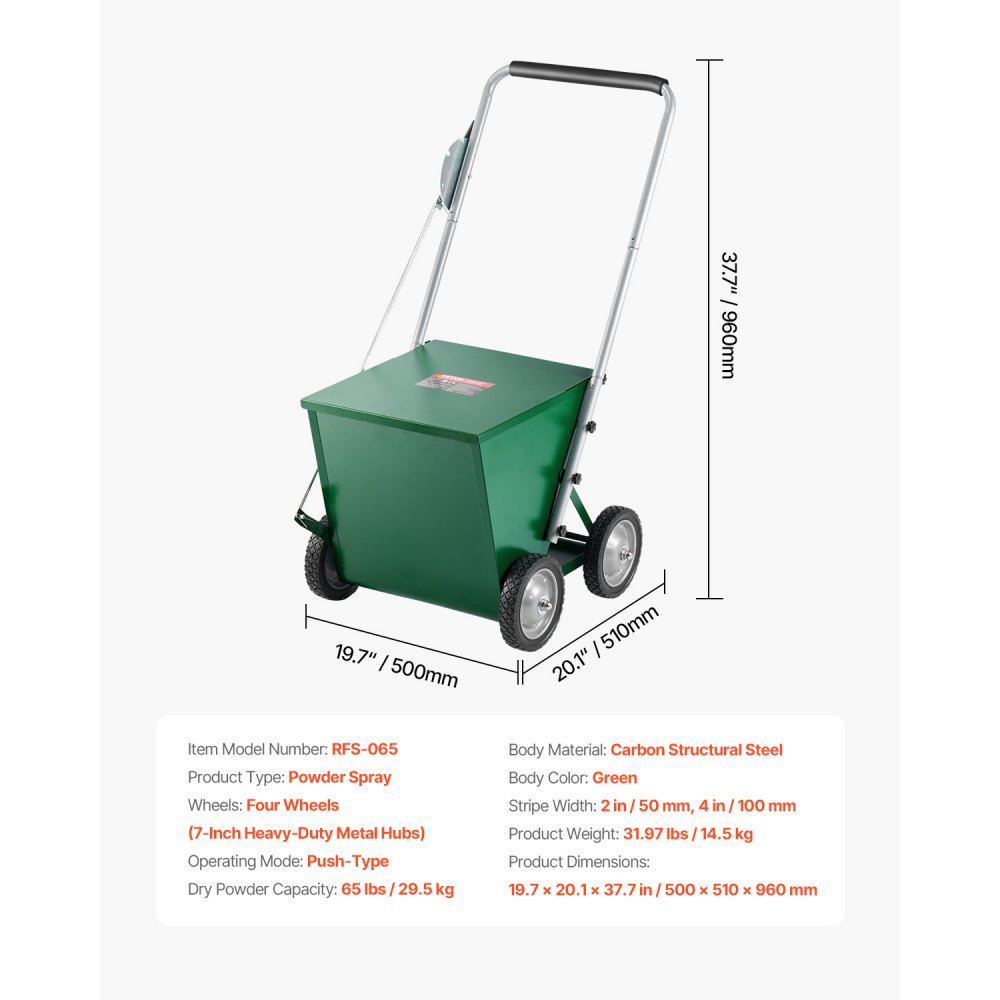 VEVOR Dry Line Marker, 4-Wheel, 50 or 100 mm Lines, Field Dry Line Chalker, Adjustable Line Marker with Rubber Adjustment Handle, 29.5kg Large Powder Capacity, for Baseball and Softball Infield, Green